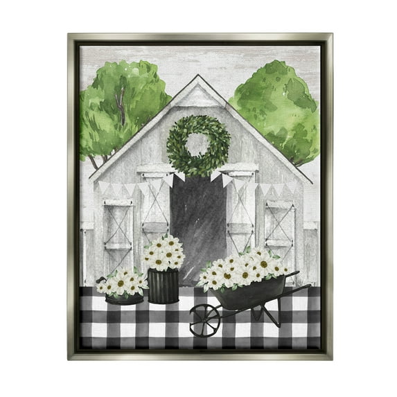 Stupell Industries Plaid Barn with Floral Wagon Botanical & Floral Painting Gray Floater Framed Canvas Art Print Wall Art, 17 x 21