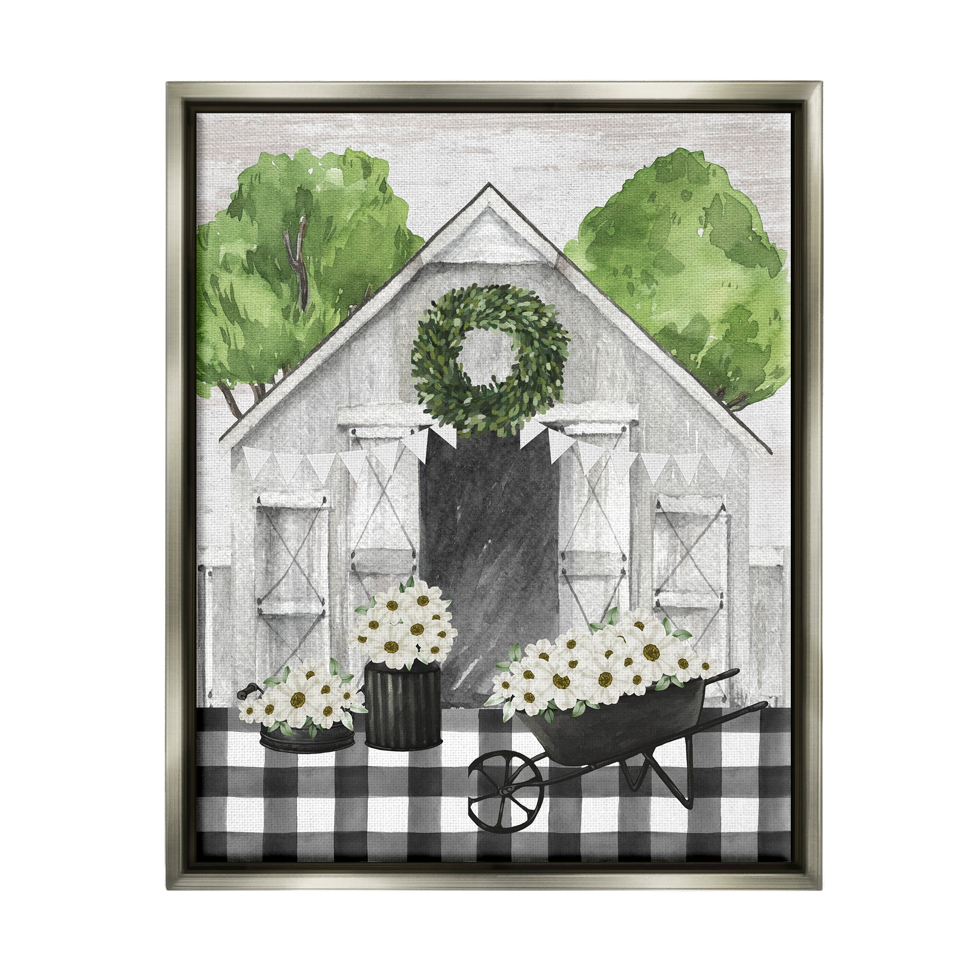 Stupell Industries Plaid Barn with Floral Wagon Botanical & Floral Painting Gray Floater Framed Canvas Art Print Wall Art, 25 x 31