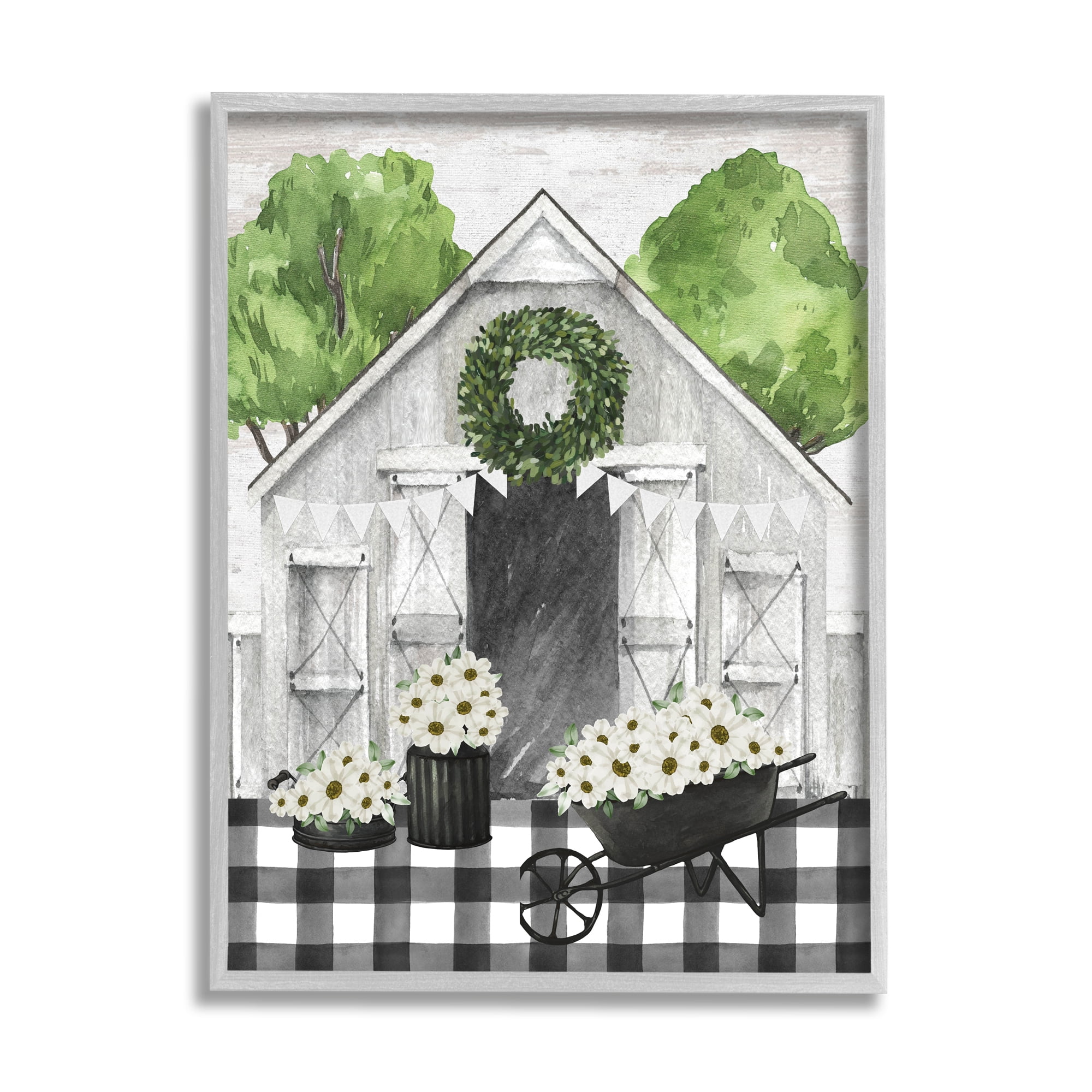 Stupell Industries Plaid Barn with Floral Wagon Botanical & Floral Painting Gray Framed Art Print Wall Art, 11 x 14