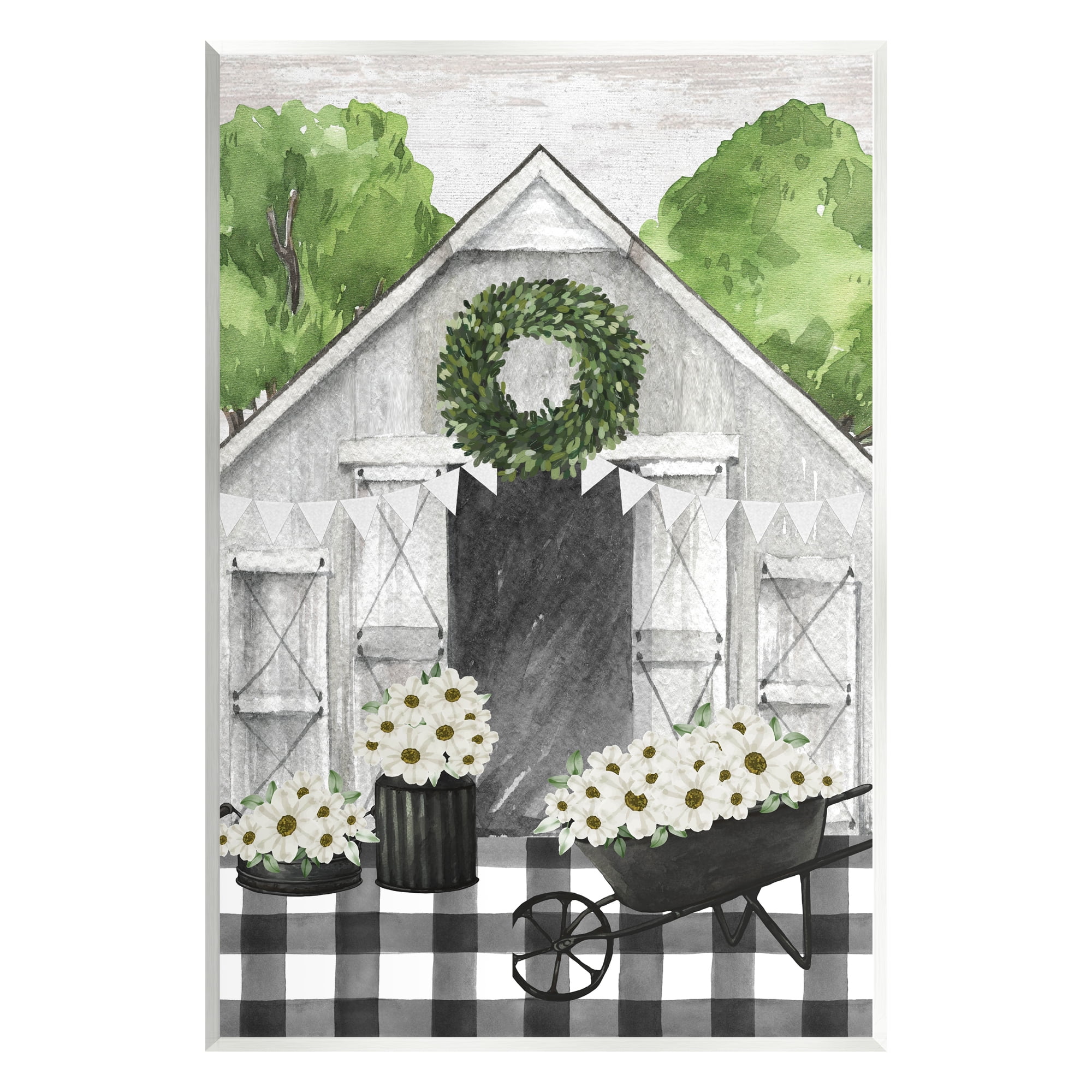 Stupell Industries Plaid Barn with Floral Wagon Botanical & Floral Painting Unframed Art Print Wall Art, 13 x 19