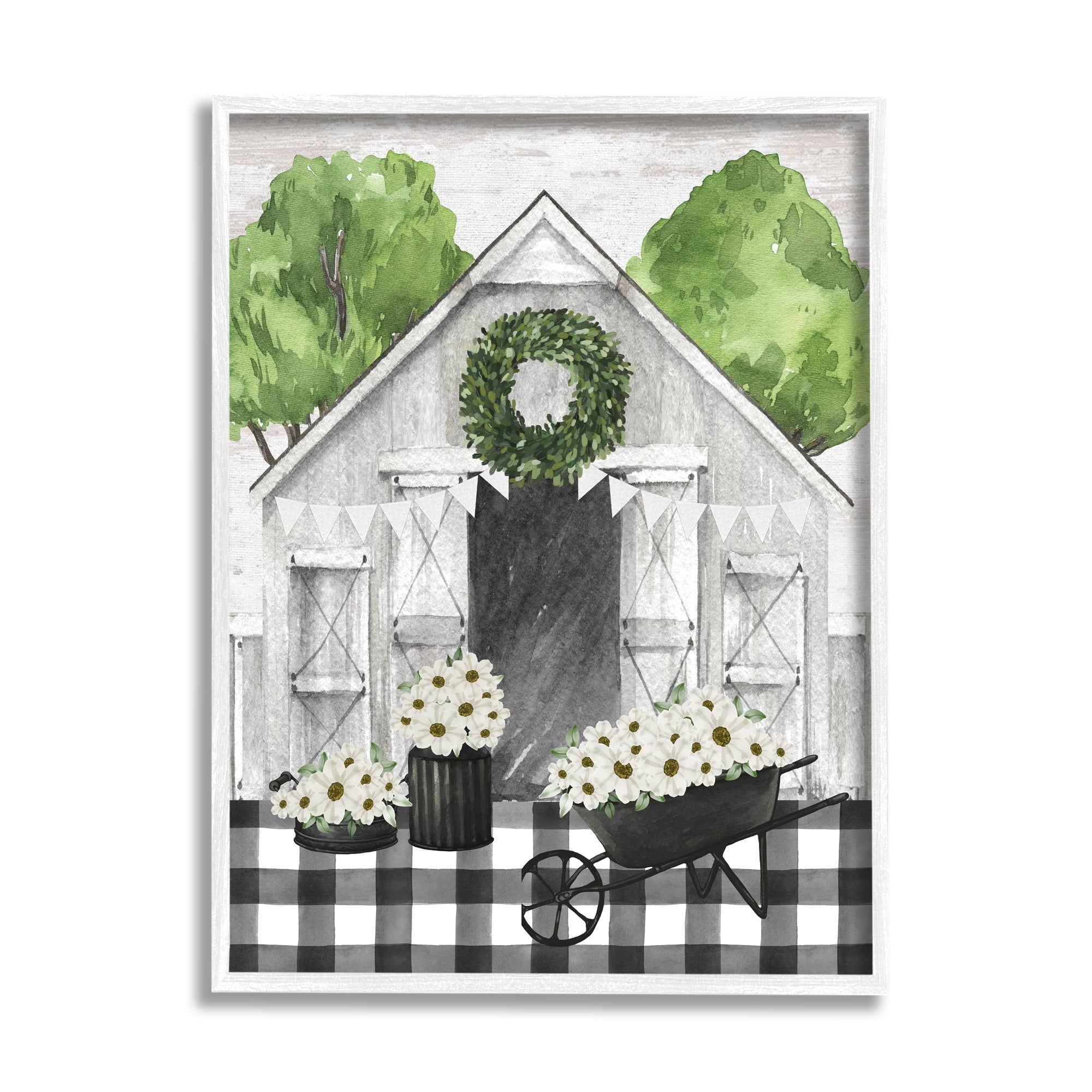 Stupell Industries Plaid Barn with Floral Wagon Botanical & Floral Painting White Framed Art Print Wall Art, 16 x 20