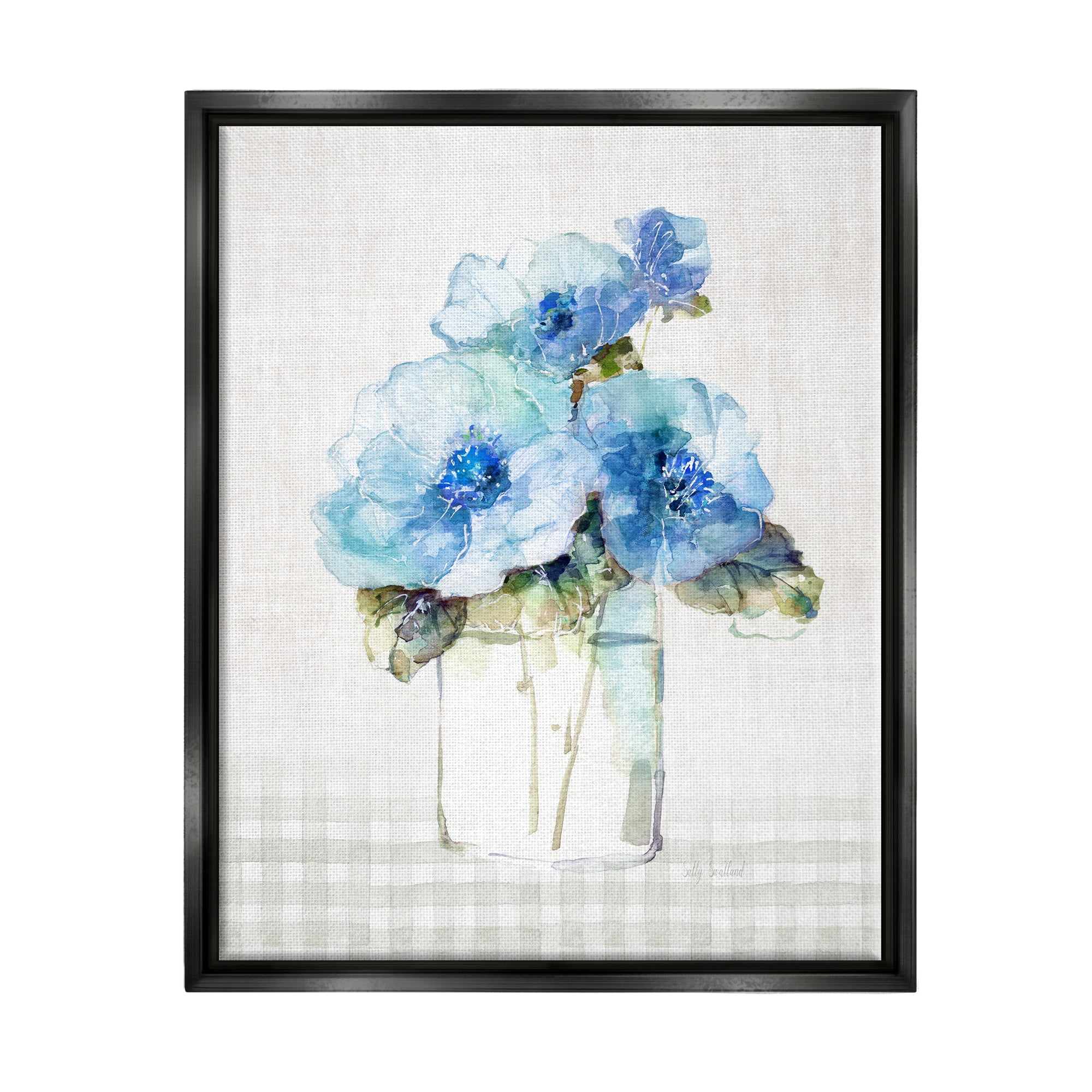 Stupell Industries Plaid Blue Flowers Botanical & Floral Painting Black Floater Framed Canvas Art Print Wall Art, 25 x 31