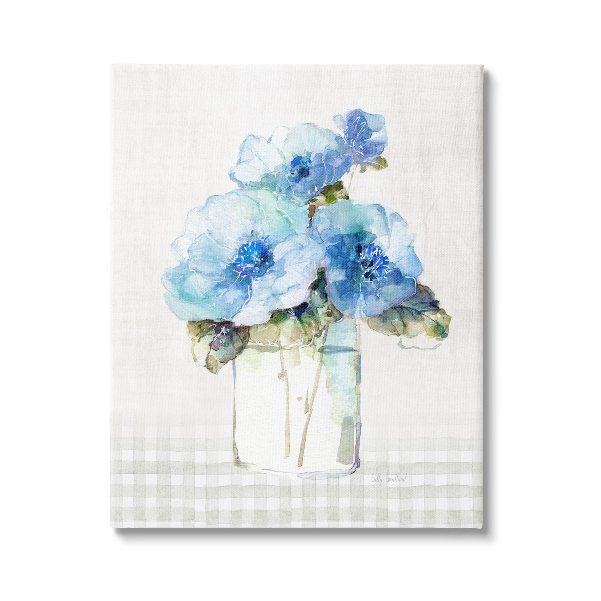 Stupell Industries Plaid Blue Flowers Botanical & Floral Painting Gallery Wrapped Canvas Art Print Wall Art, 36 x 48