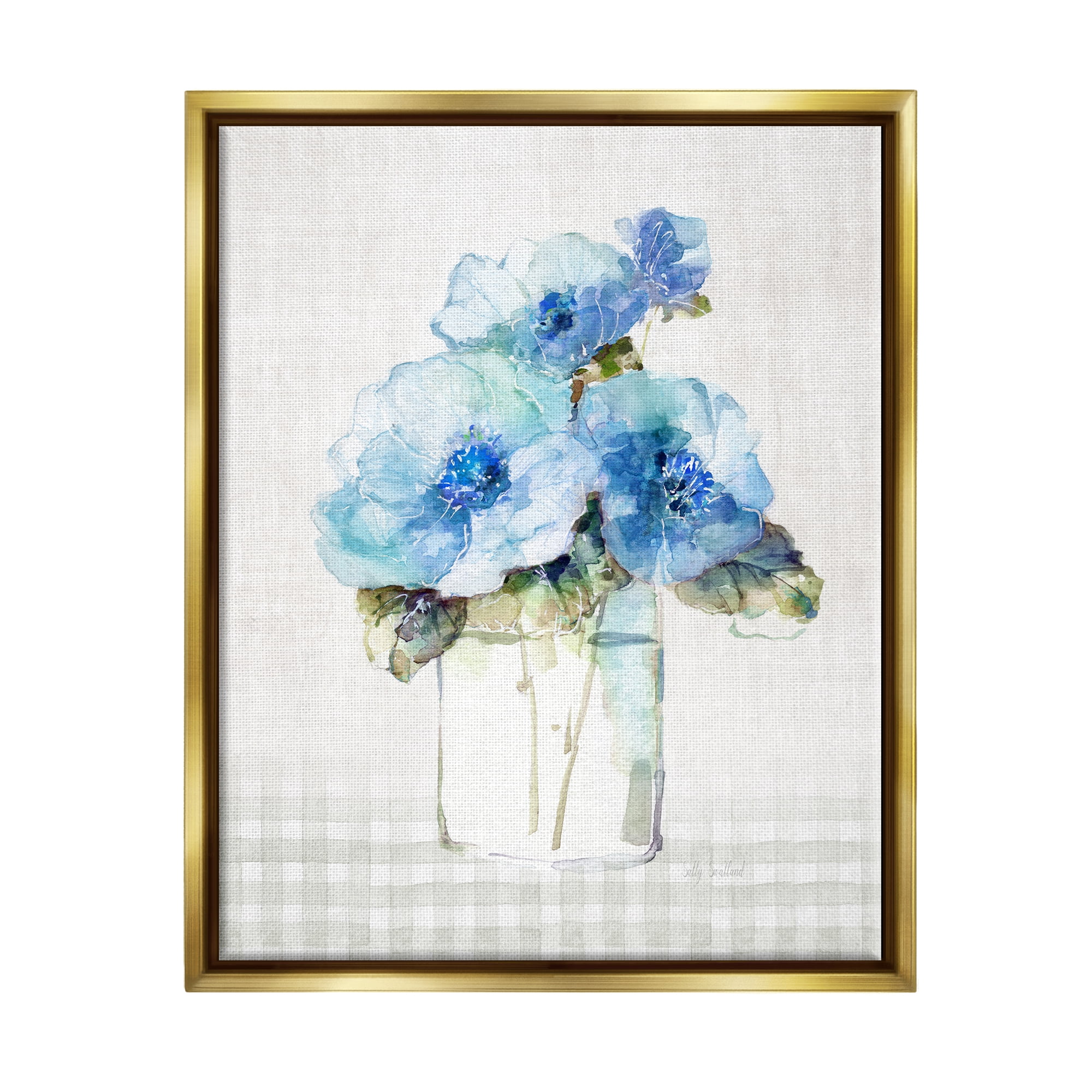 Stupell Industries Plaid Blue Flowers Botanical & Floral Painting Gold Floater Framed Canvas Art Print Wall Art, 25 x 31