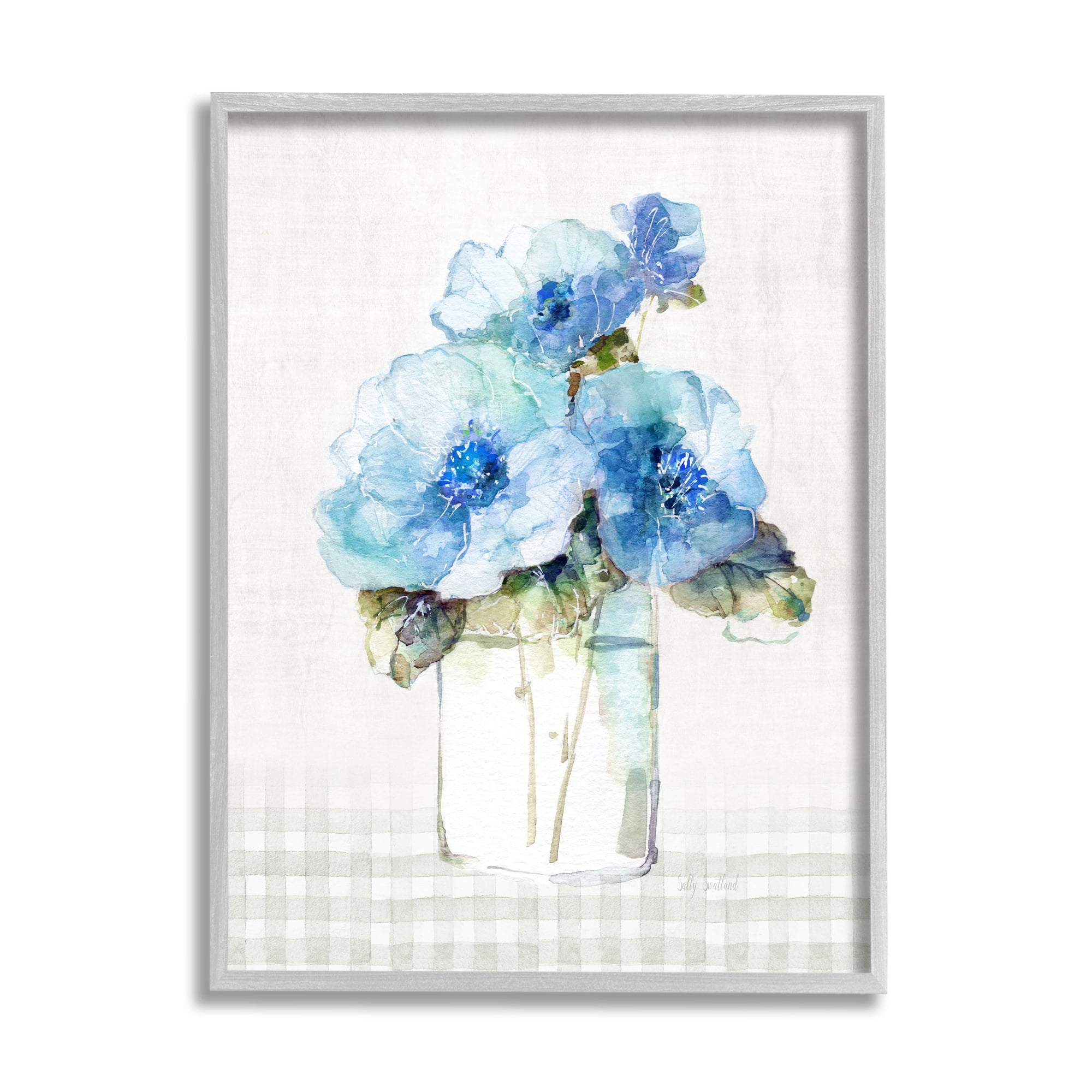 Stupell Industries Plaid Blue Flowers Botanical & Floral Painting Gray Framed Art Print Wall Art, 11 x 14