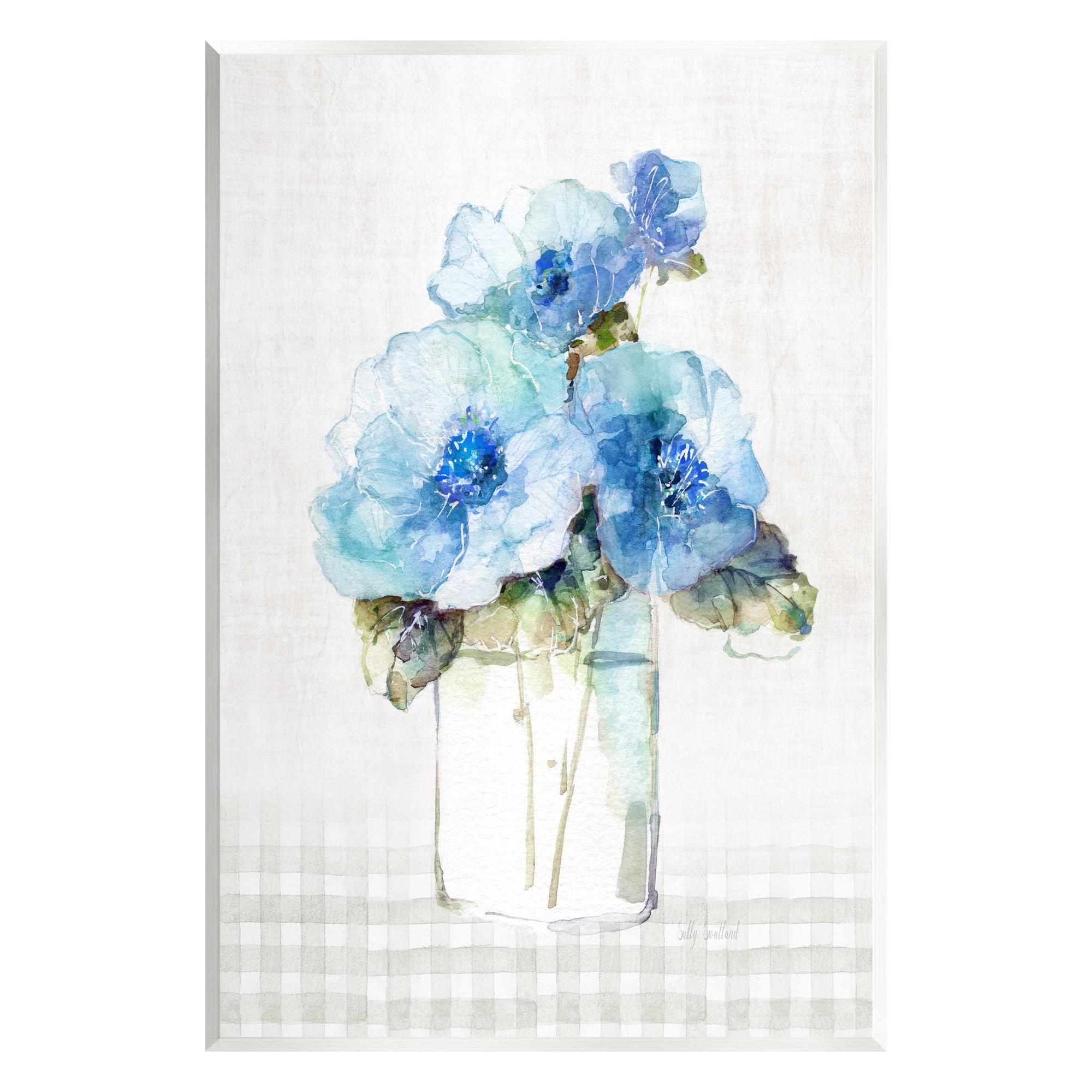 Stupell Industries Plaid Blue Flowers Botanical & Floral Painting Unframed Art Print Wall Art, 13 x 19
