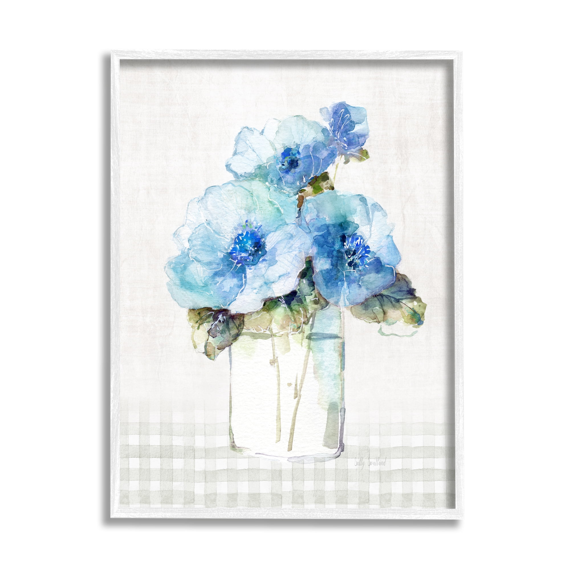 Stupell Industries Plaid Blue Flowers Botanical & Floral Painting White Framed Art Print Wall Art, 11 x 14