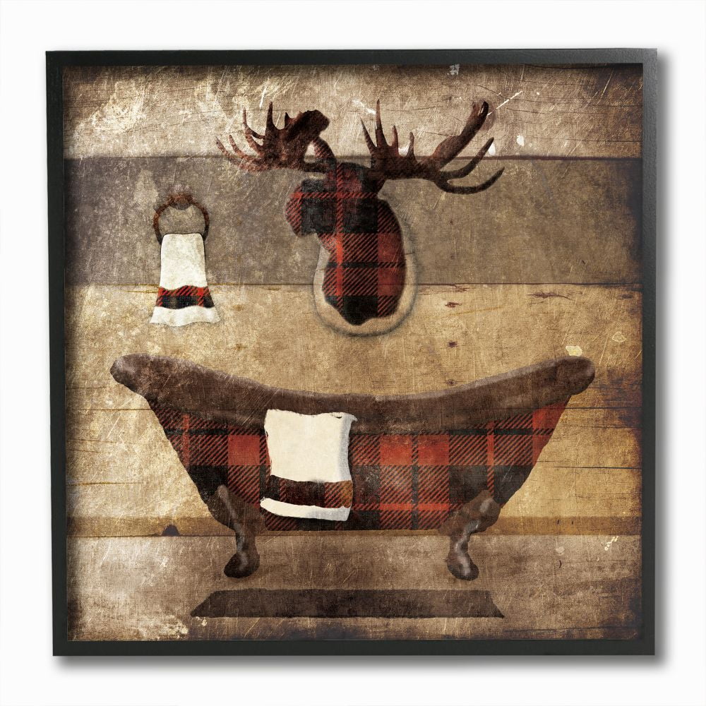 Rustic Plaid Moose and Bathtub Framed Wall Art, 12x12