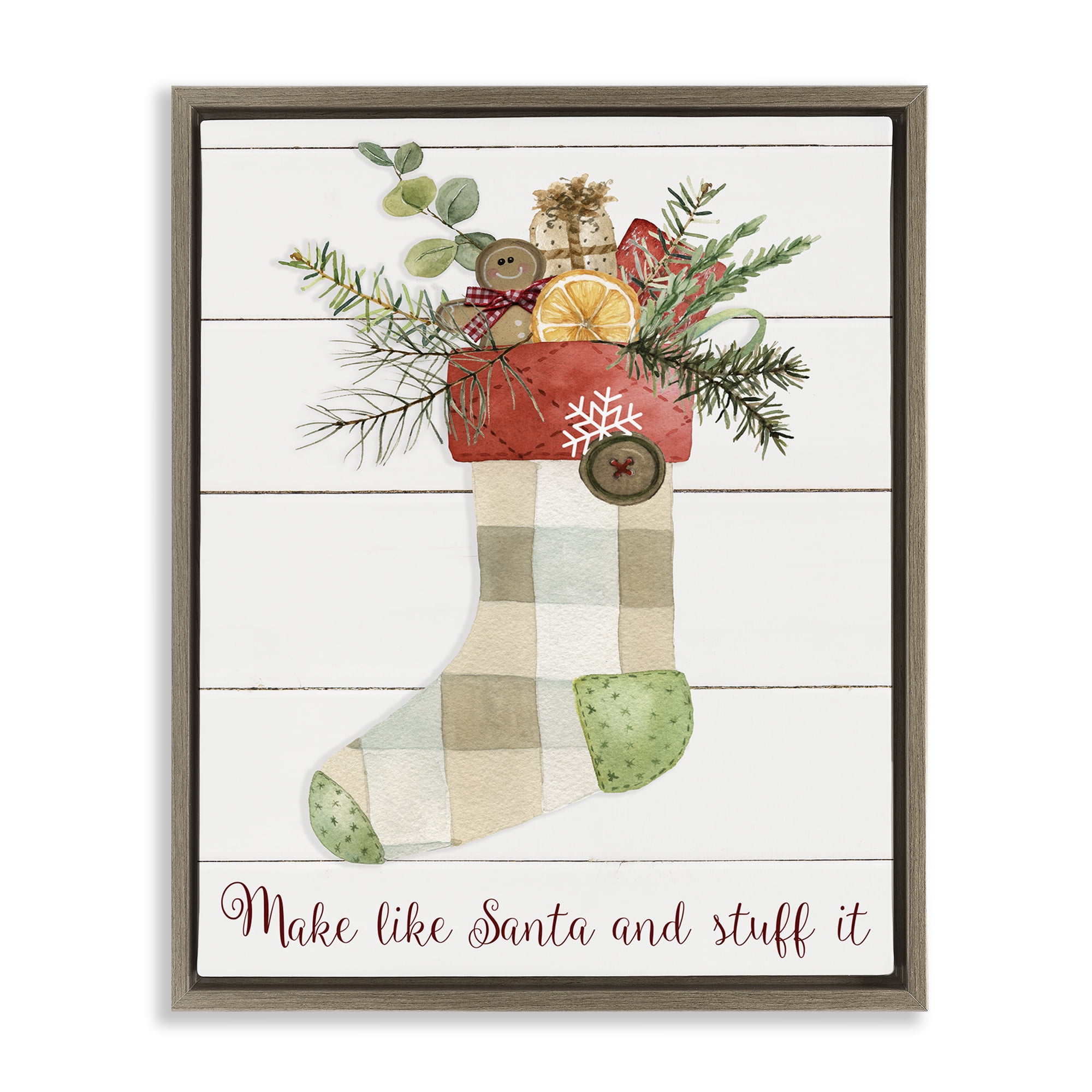 Stupell Industries Plaid Christmas Stocking Holiday Painting Brown Floater Framed Canvas Art Prints Wall Art, 25 x 31