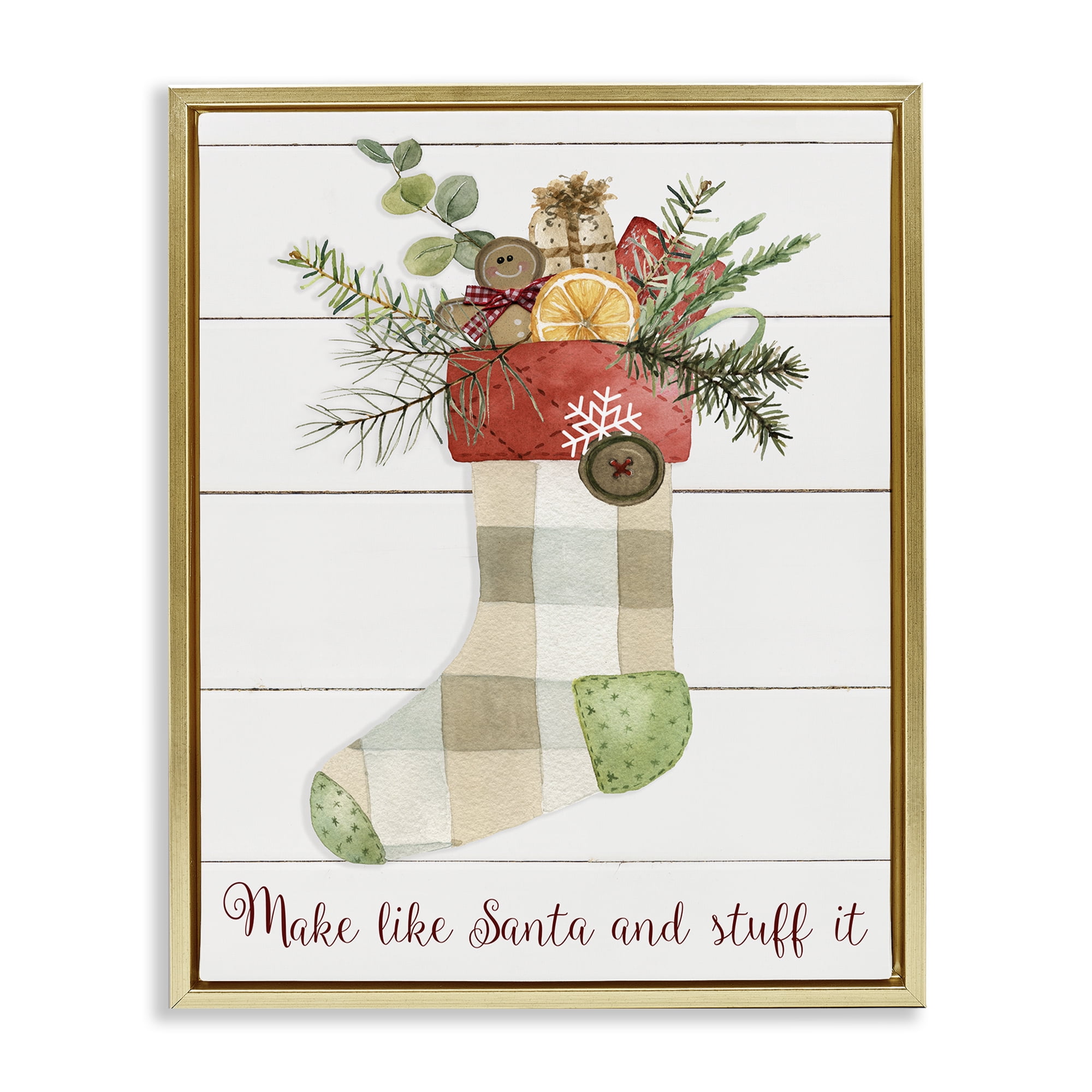 Stupell Industries Plaid Christmas Stocking Holiday Painting Gold Floater Framed Canvas Art Prints Wall Art, 17 x 21