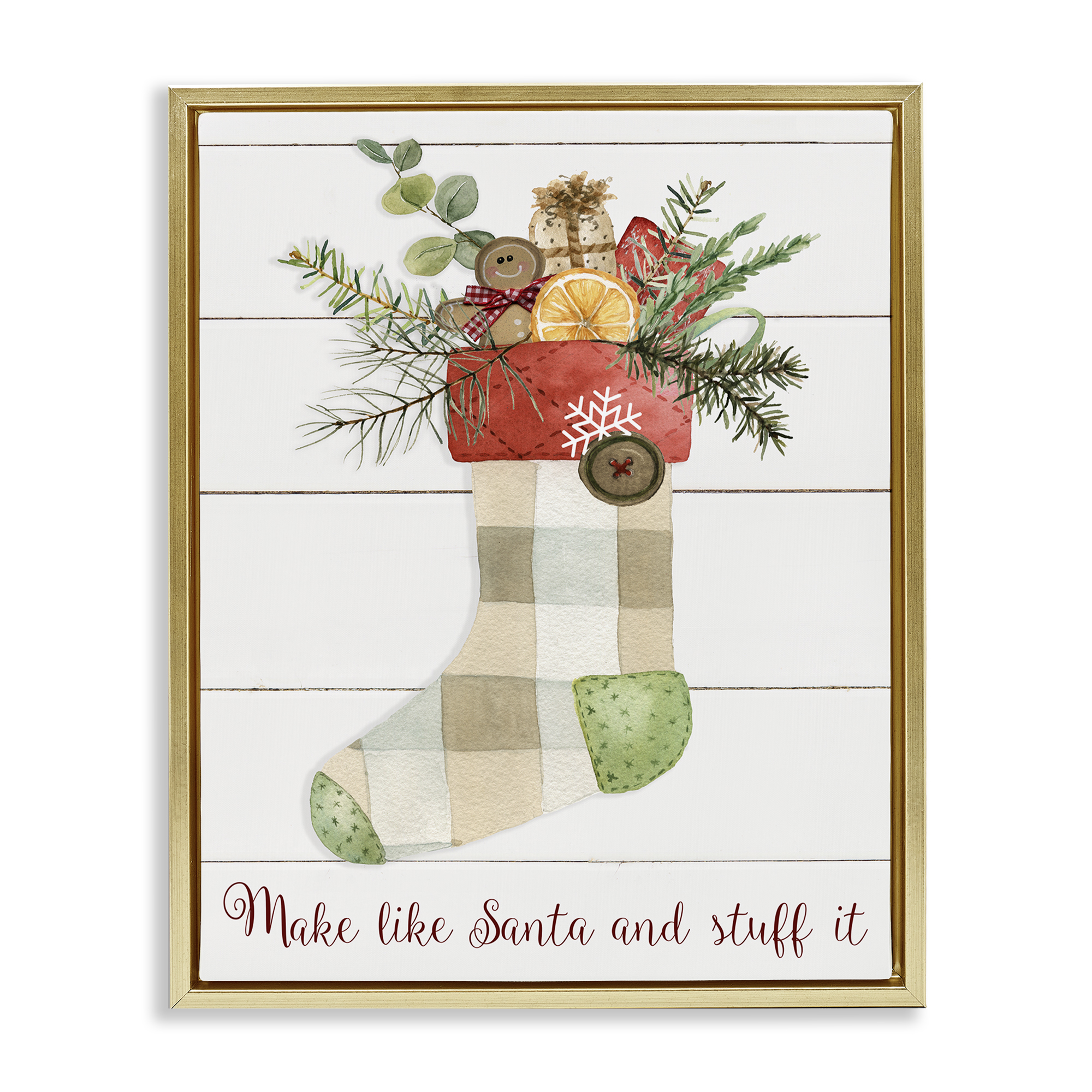 Stupell Industries Plaid Christmas Stocking Holiday Painting Gold Floater Framed Canvas Art Prints Wall Art, 25 x 31