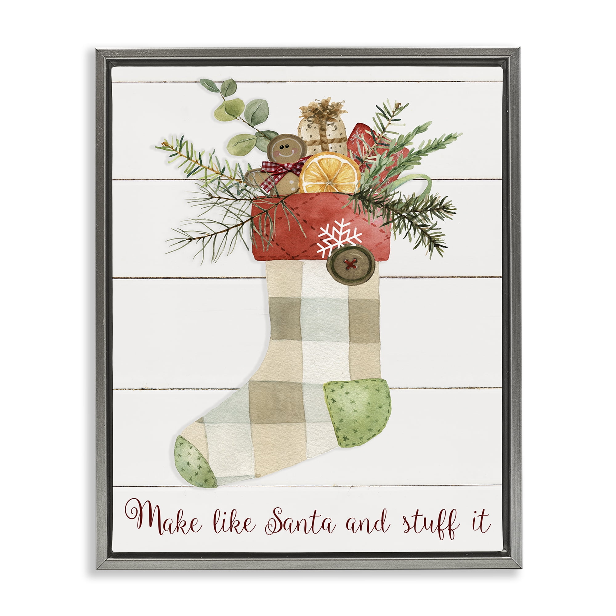 Stupell Industries Plaid Christmas Stocking Holiday Painting Gray Floater Framed Canvas Art Prints Wall Art, 17 x 21