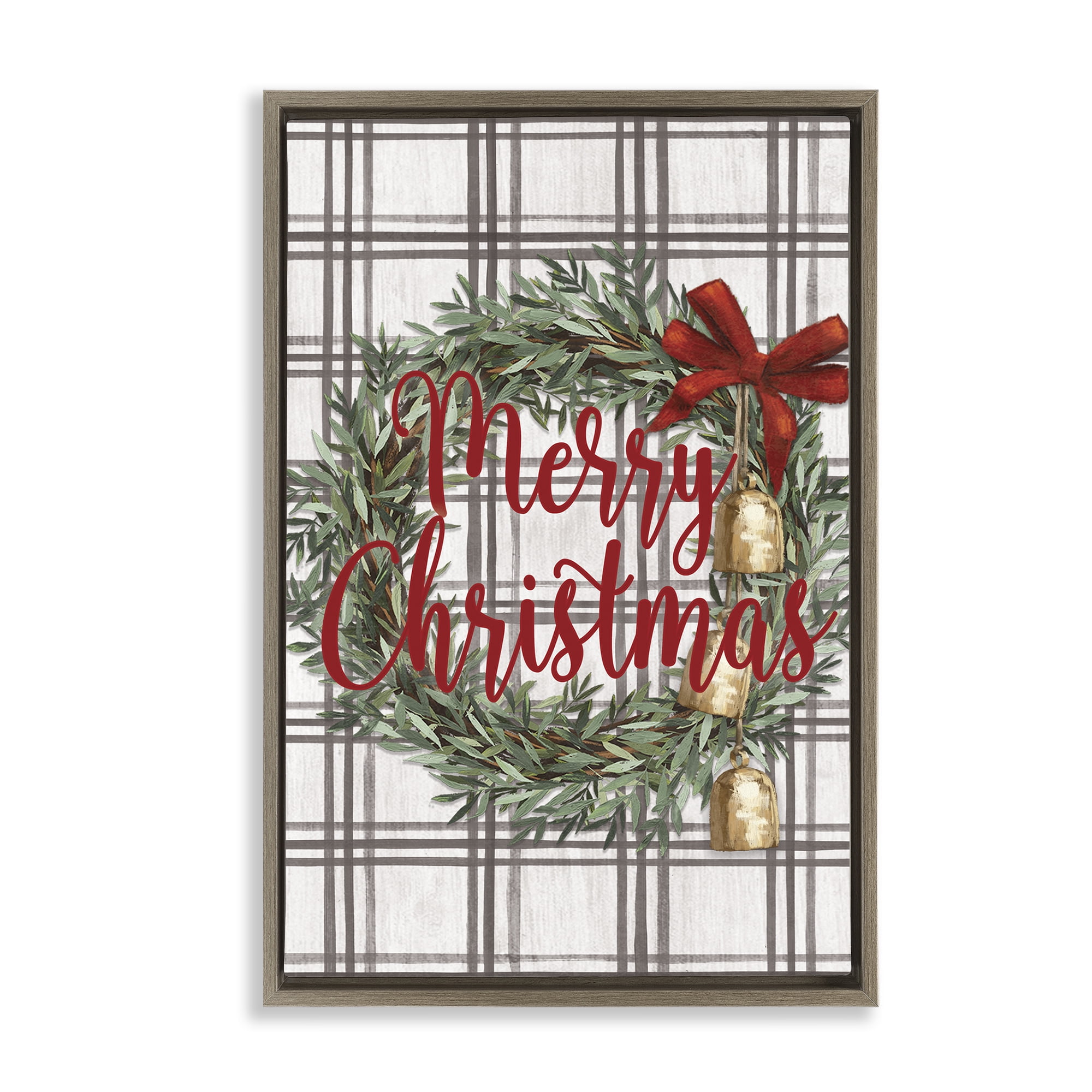 Stupell Industries Plaid Christmas Wreath Holiday Painting Brown Floater Framed Canvas Art Prints Wall Art, 21 x 31