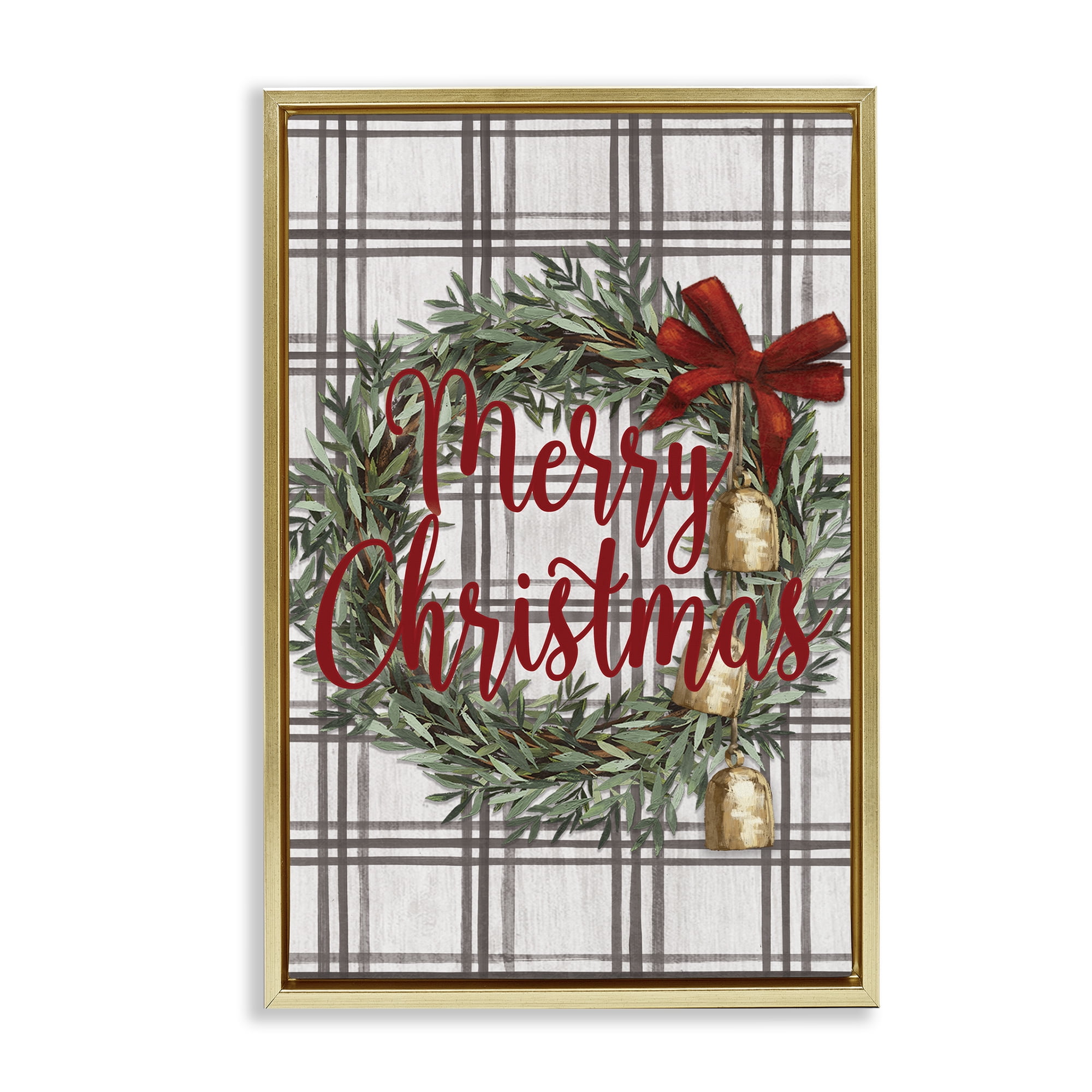 Stupell Industries Plaid Christmas Wreath Holiday Painting Gold Floater Framed Canvas Art Prints Wall Art, 21 x 31