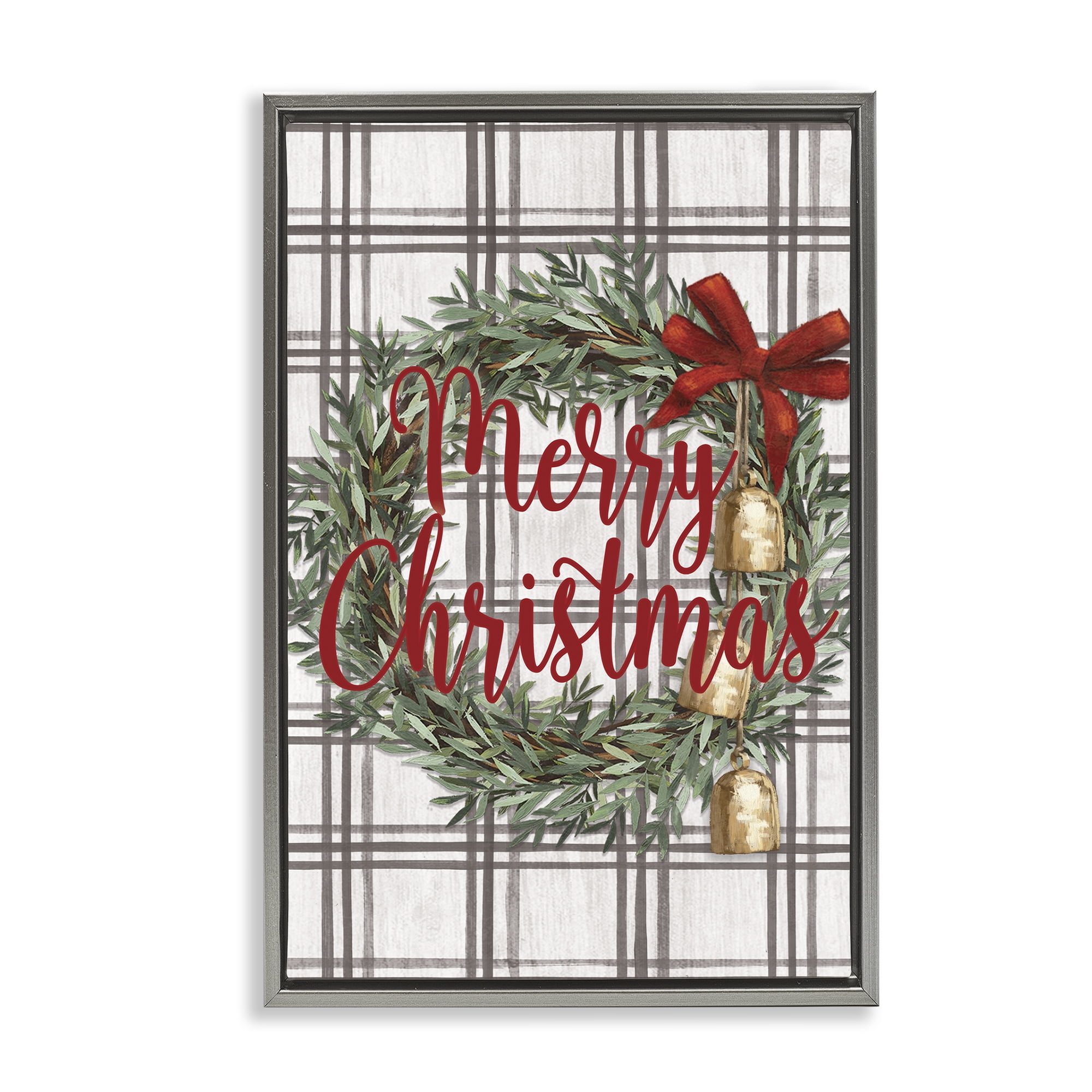 Stupell Industries Plaid Christmas Wreath Holiday Painting Gray Floater Framed Canvas Art Prints Wall Art, 21 x 31