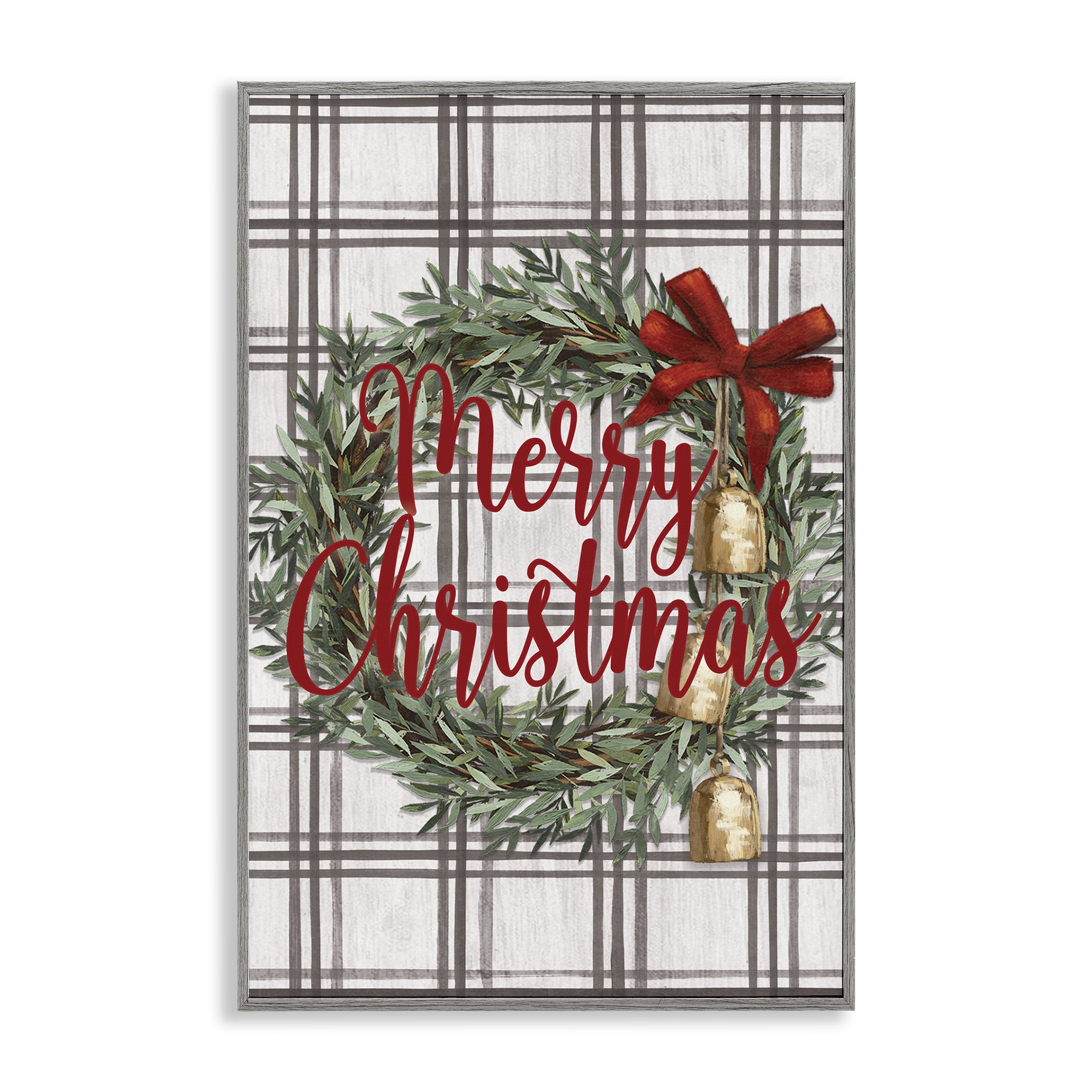 Stupell Industries Plaid Christmas Wreath Holiday Painting Gray Framed Art Prints Wall Art, 12 x 18