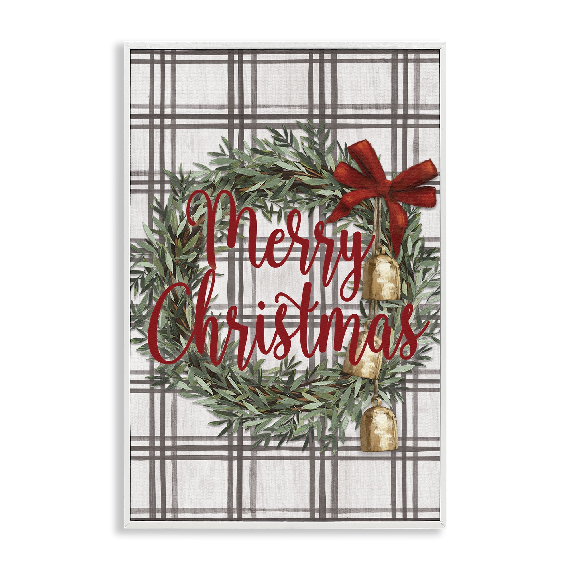 Stupell Industries Plaid Christmas Wreath Holiday Painting White Framed Art Prints Wall Art, 16 x 24