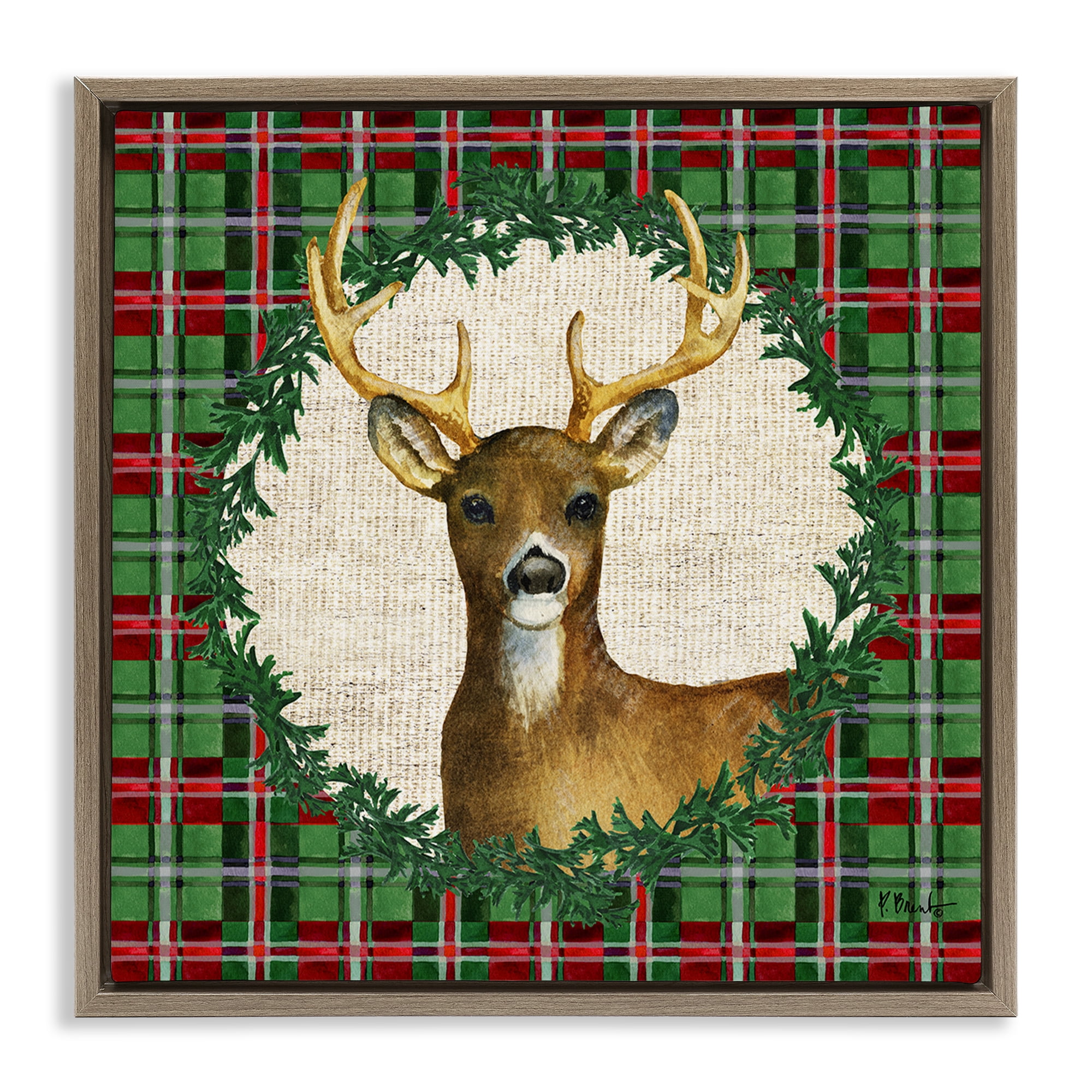 Stupell Industries Plaid Holiday Deer Holiday Painting Brown Floater Framed Canvas Art Print Wall Art, 18 x 18