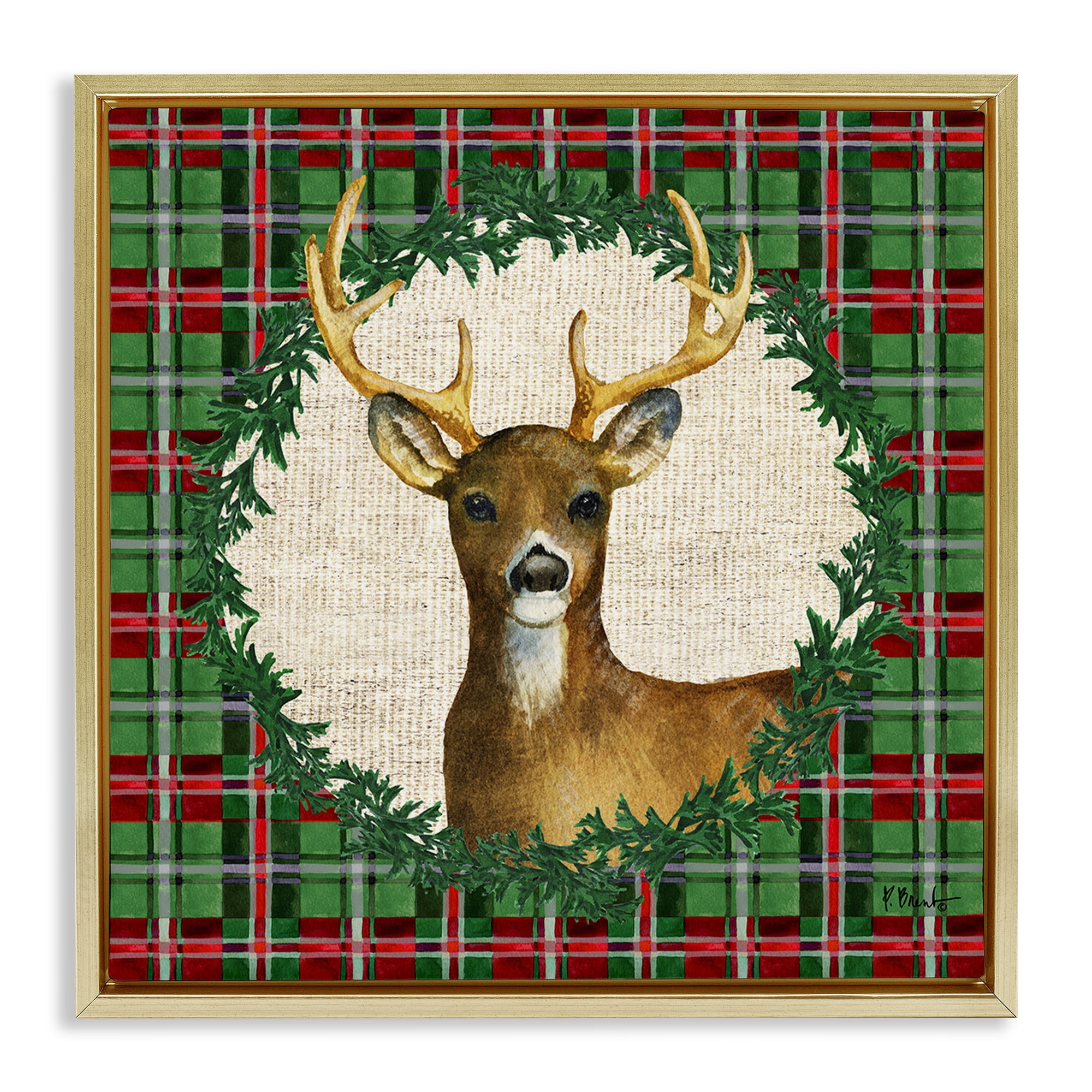 Stupell Industries Plaid Holiday Deer Holiday Painting Gold Floater Framed Canvas Art Print Wall Art, 18 x 18