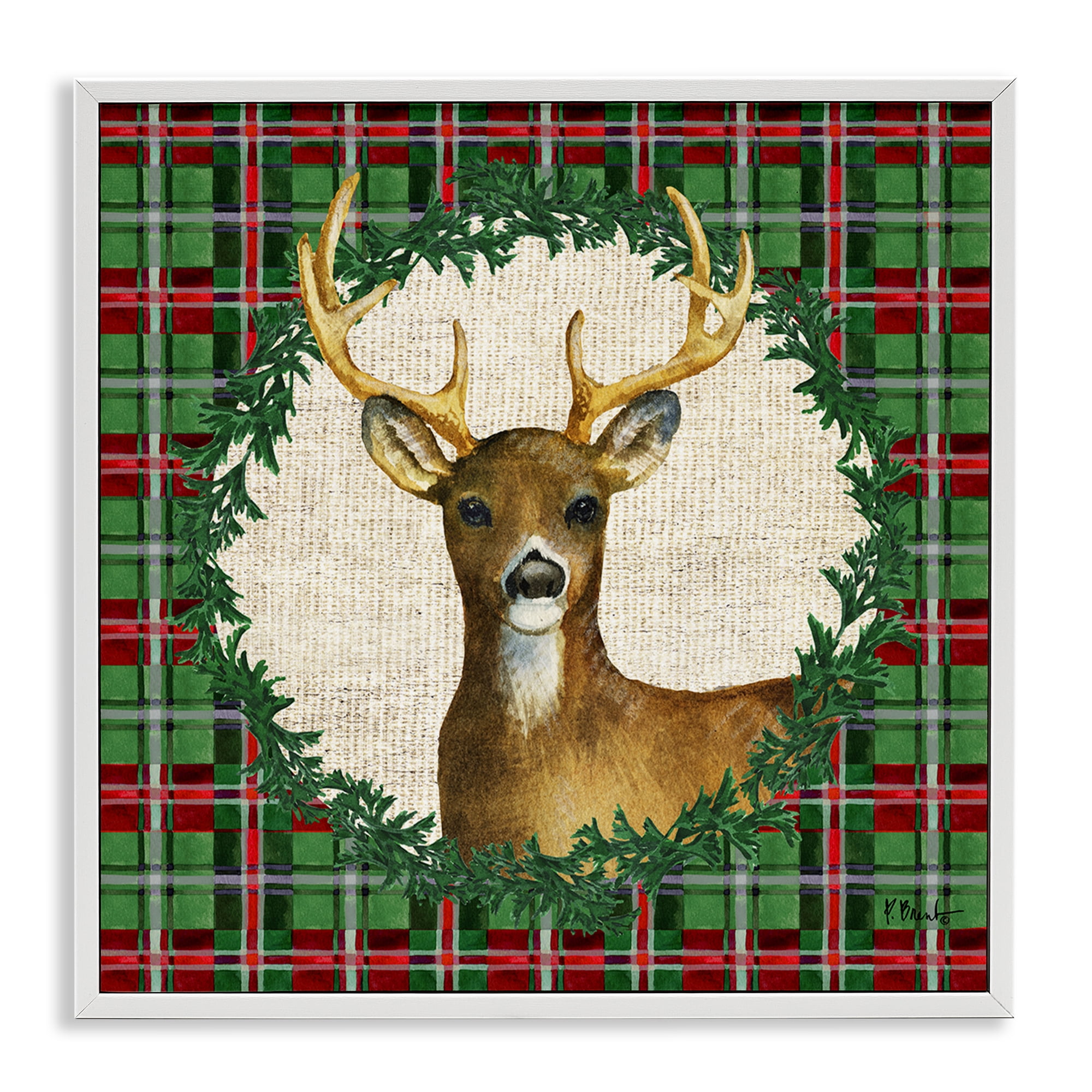 Stupell Industries Plaid Holiday Deer Holiday Painting White Framed Art Print Wall Art, 17 x 17