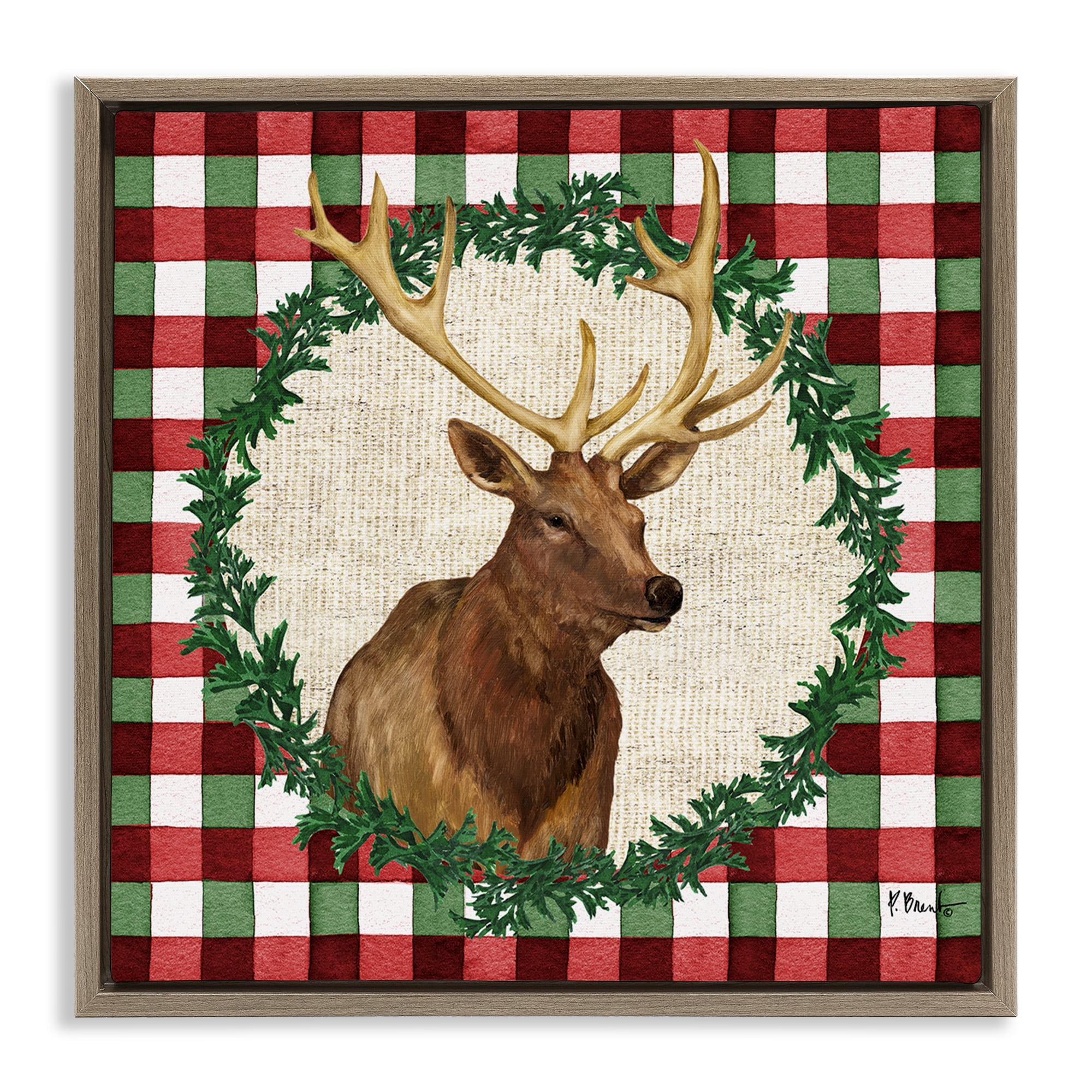 Stupell Industries Plaid Holiday Elk Holiday Painting Brown Floater Framed Canvas Art Print Wall Art, 25 x 25