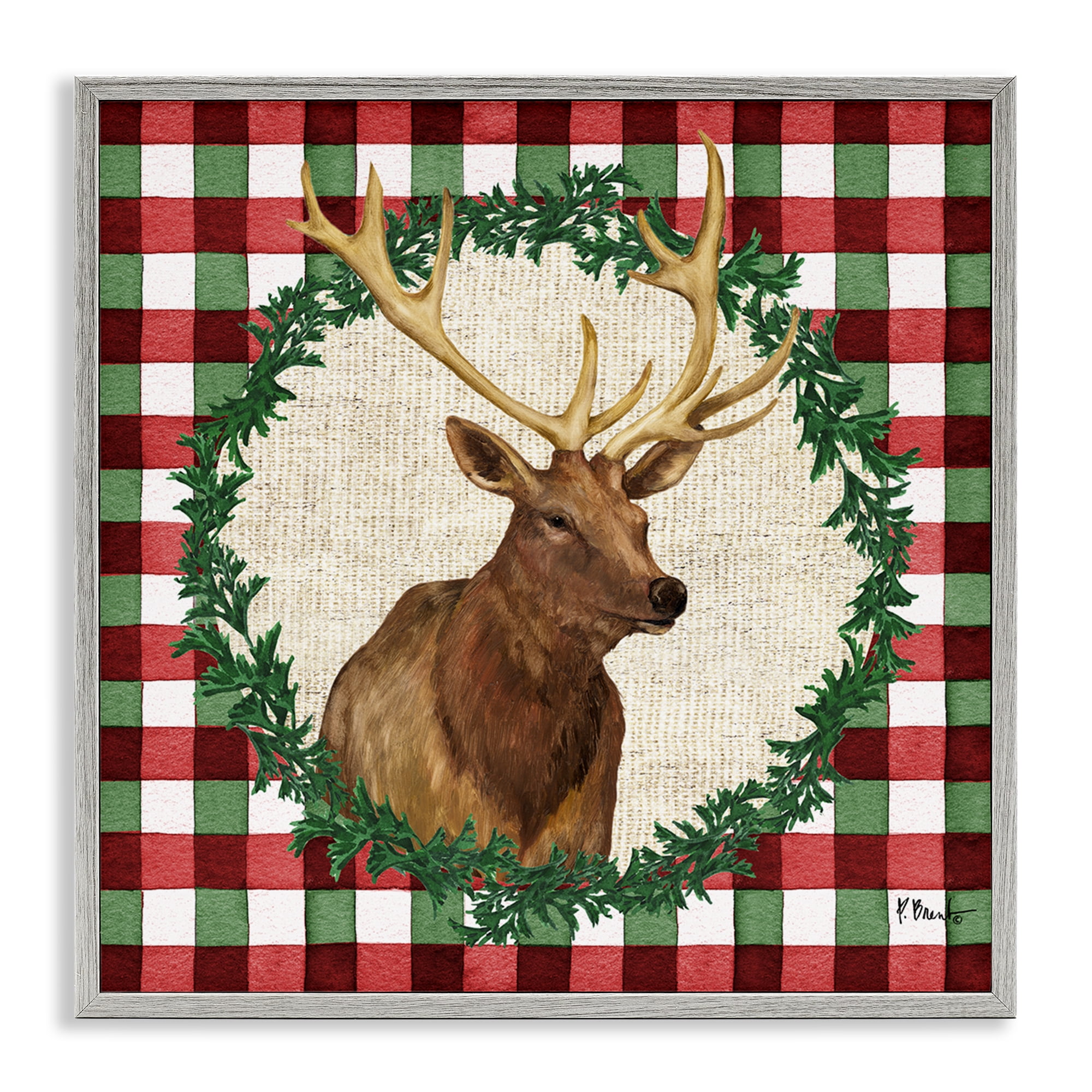 Stupell Industries Plaid Holiday Elk Holiday Painting Gray Framed Art Print Wall Art, 12 x 12