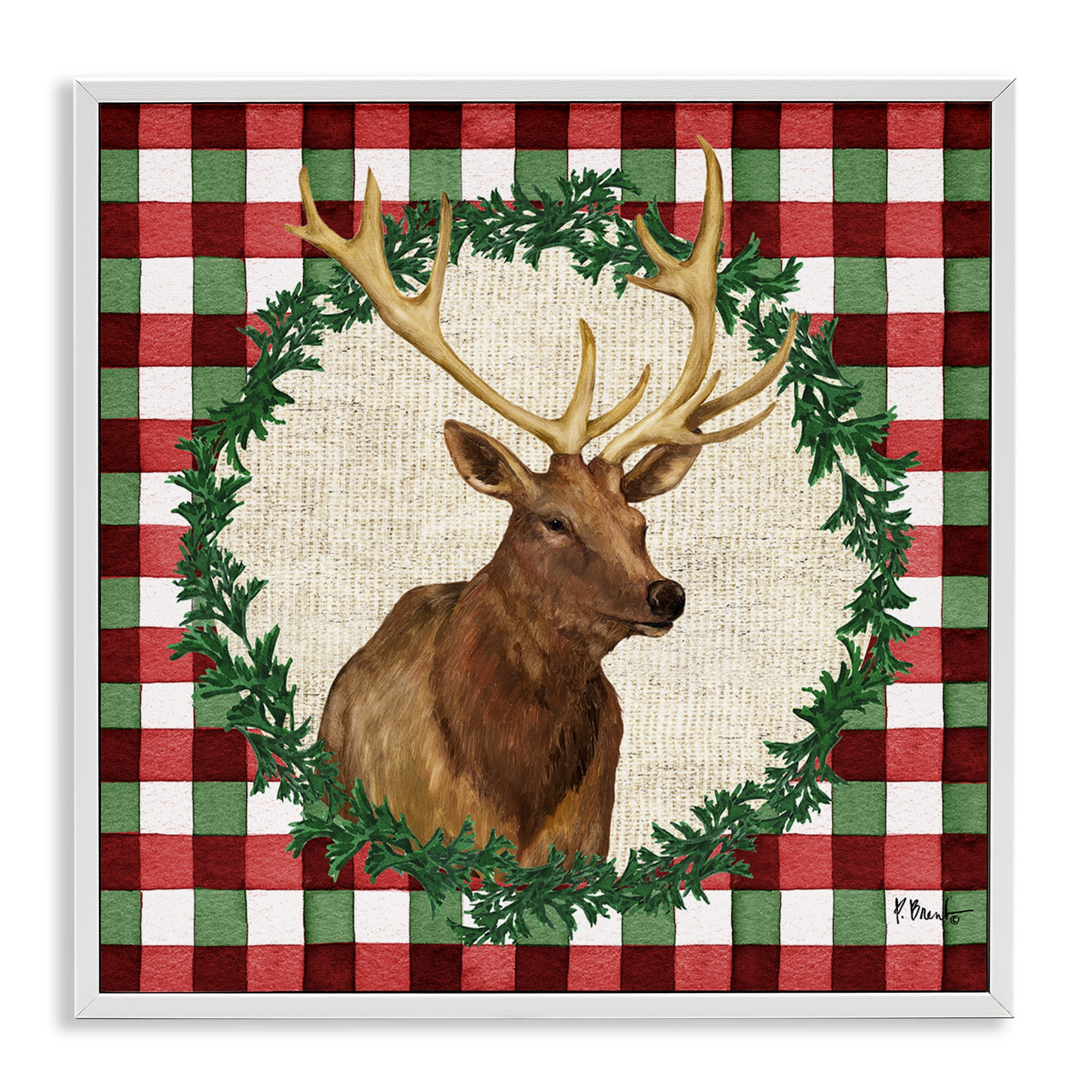 Stupell Industries Plaid Holiday Elk Holiday Painting White Framed Art Print Wall Art, 17 x 17