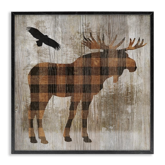 Stupell Industries Plaid Moose & Eagle Animals Painting Black Framed Art Print Wall Art, 12 x 12
