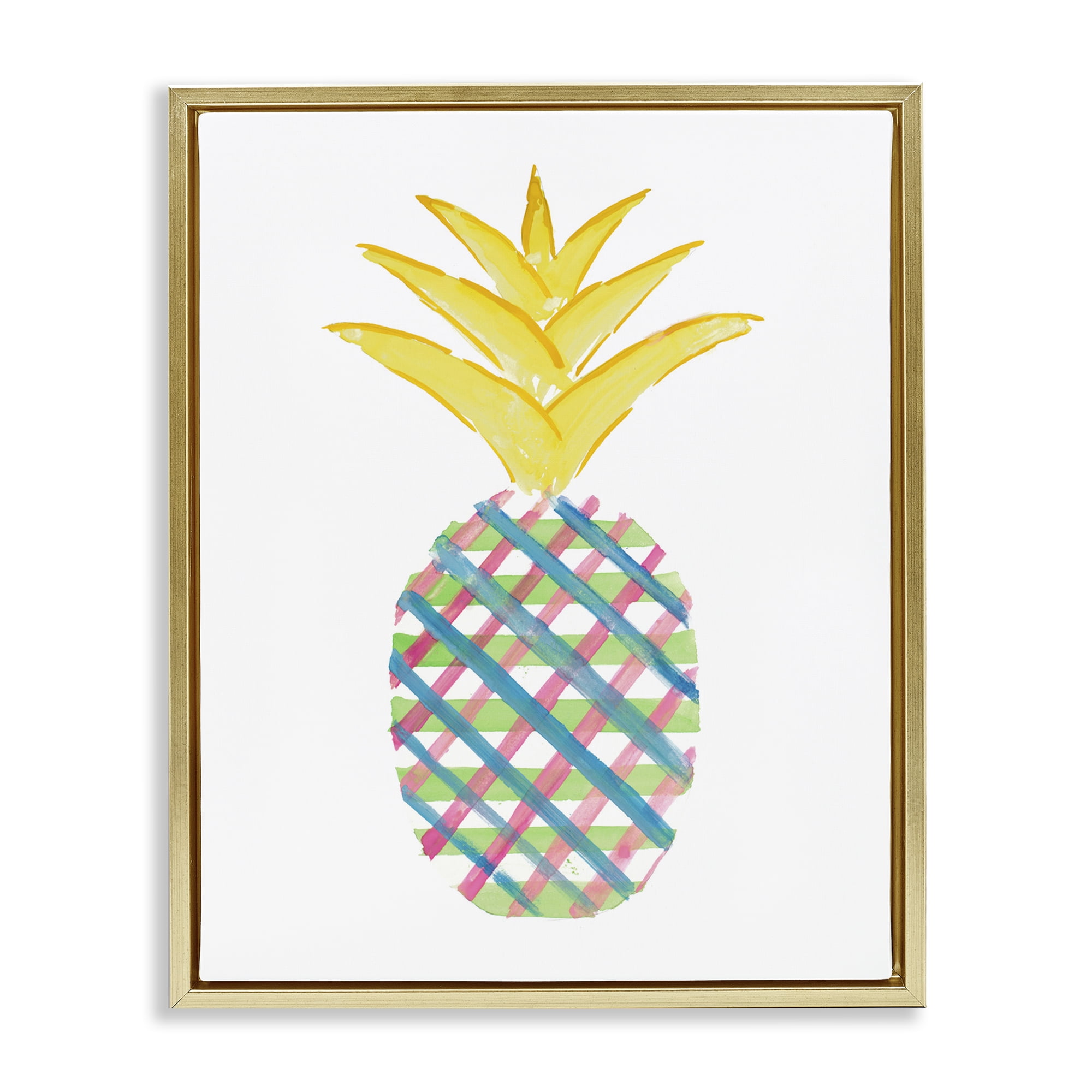 Stupell Industries Plaid Patterned Pineapple Food & Beverage Painting Gold Floater Framed Canvas Art Print Wall Art, 17 x 21