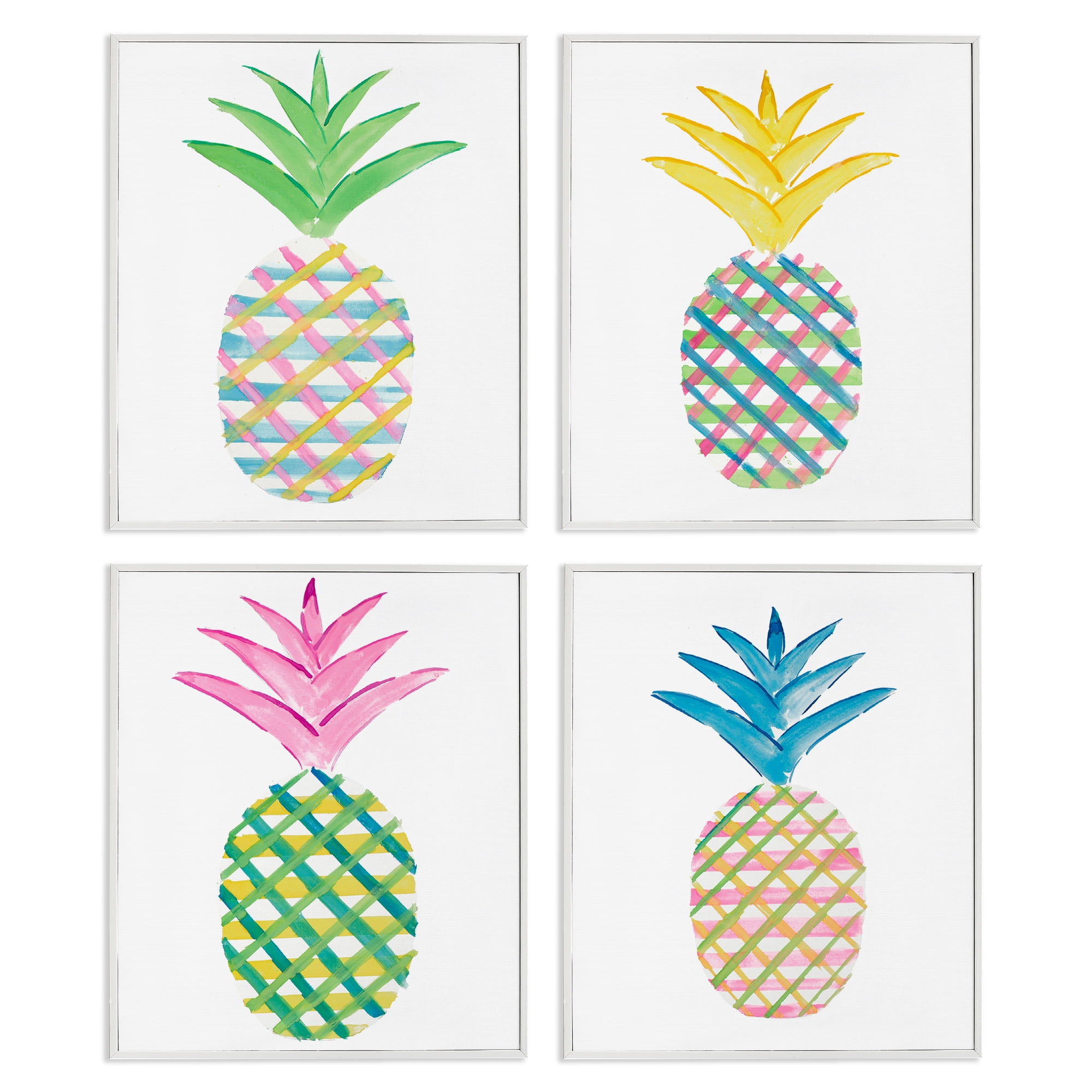 Stupell Industries Plaid Patterned Pineapples Food & Beverage Painting White Framed Art Print Wall Art, 11 x 14, Set of 4