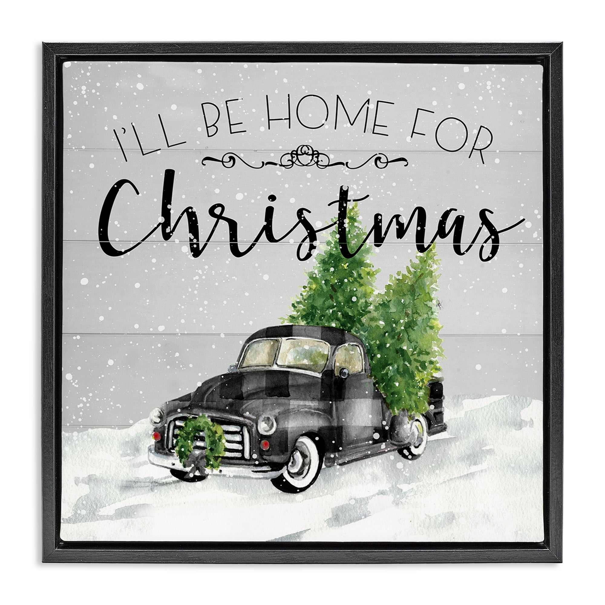 Stupell Industries Plaid Truck Christmas Phrase Holiday Painting Black Floater Framed Canvas Art Prints Wall Art, 18 x 18