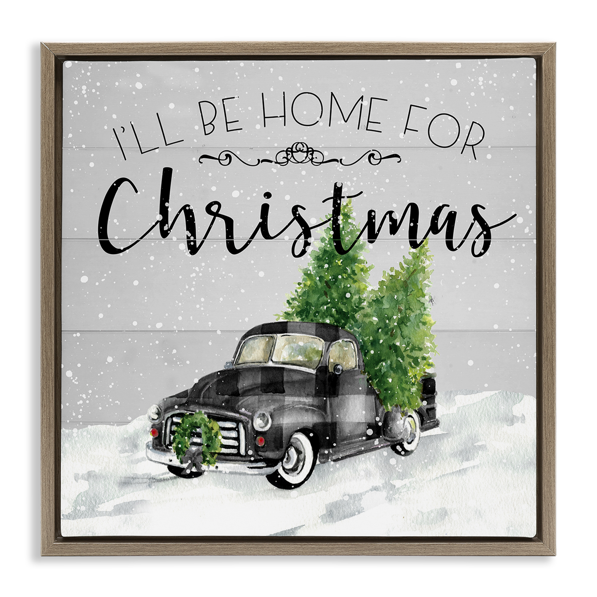 Stupell Industries Plaid Truck Christmas Phrase Holiday Painting Brown Floater Framed Canvas Art Prints Wall Art, 25 x 25