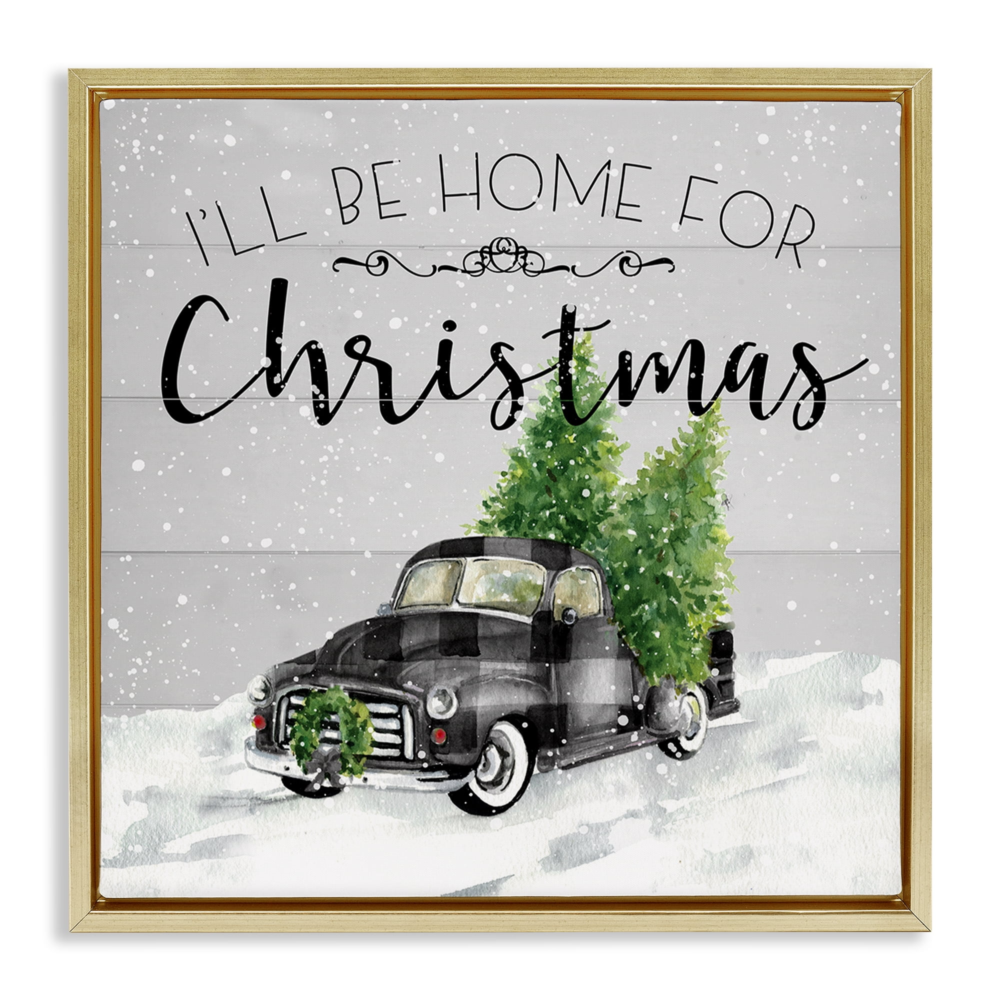 Stupell Industries Plaid Truck Christmas Phrase Holiday Painting Gold Floater Framed Canvas Art Prints Wall Art, 18 x 18