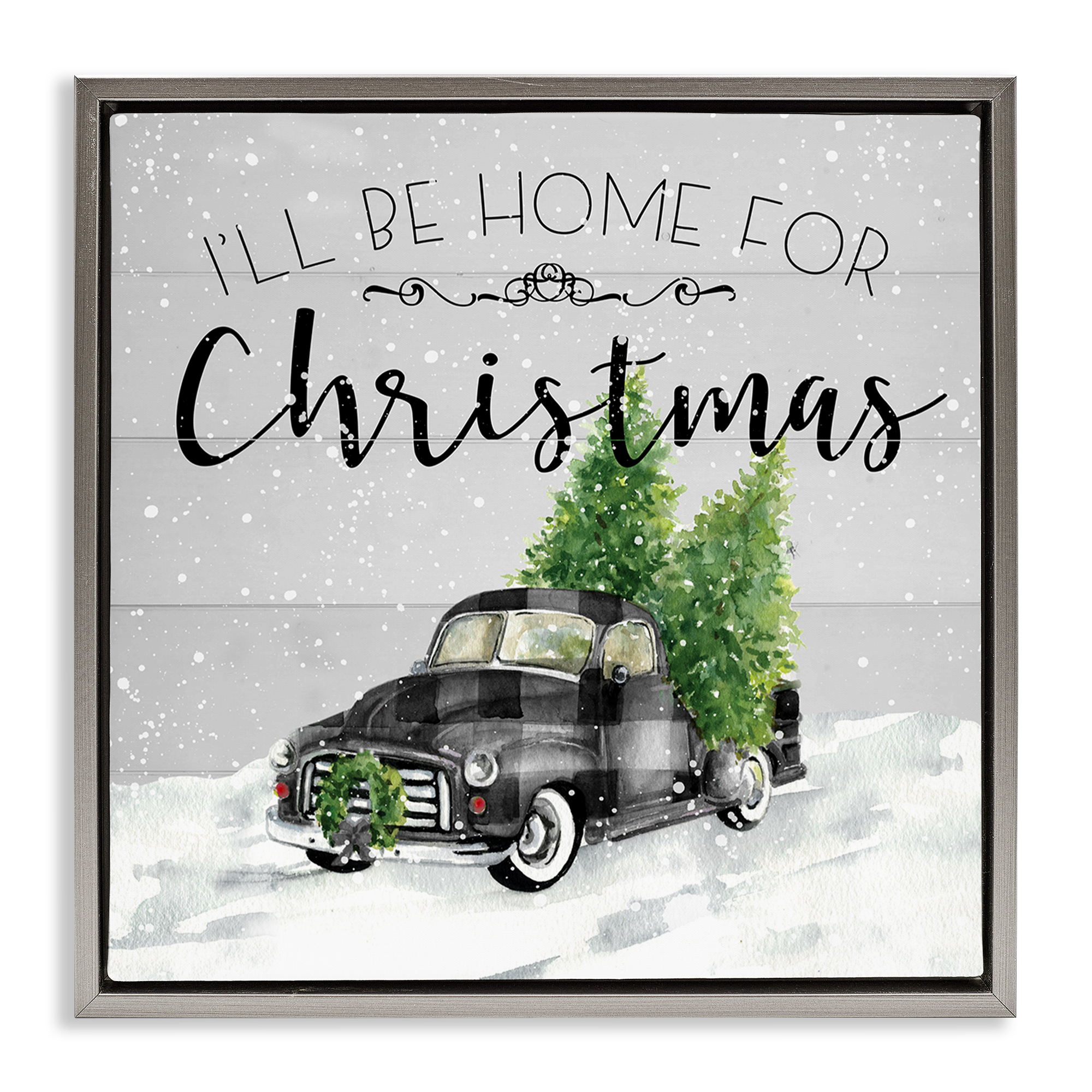 Stupell Industries Plaid Truck Christmas Phrase Holiday Painting Gray Floater Framed Canvas Art Prints Wall Art, 18 x 18