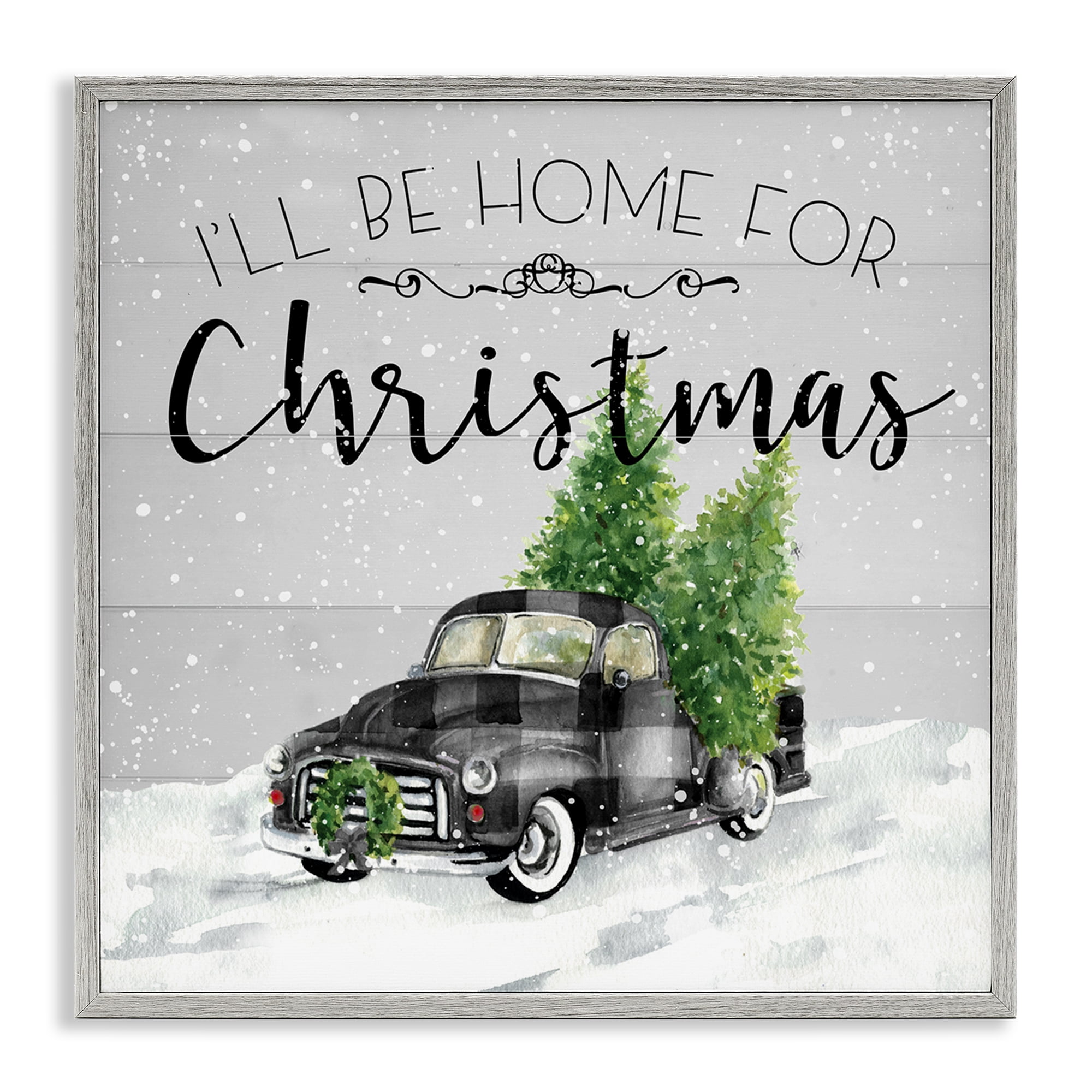 Stupell Industries Plaid Truck Christmas Phrase Holiday Painting Gray Framed Art Prints Wall Art, 12 x 12