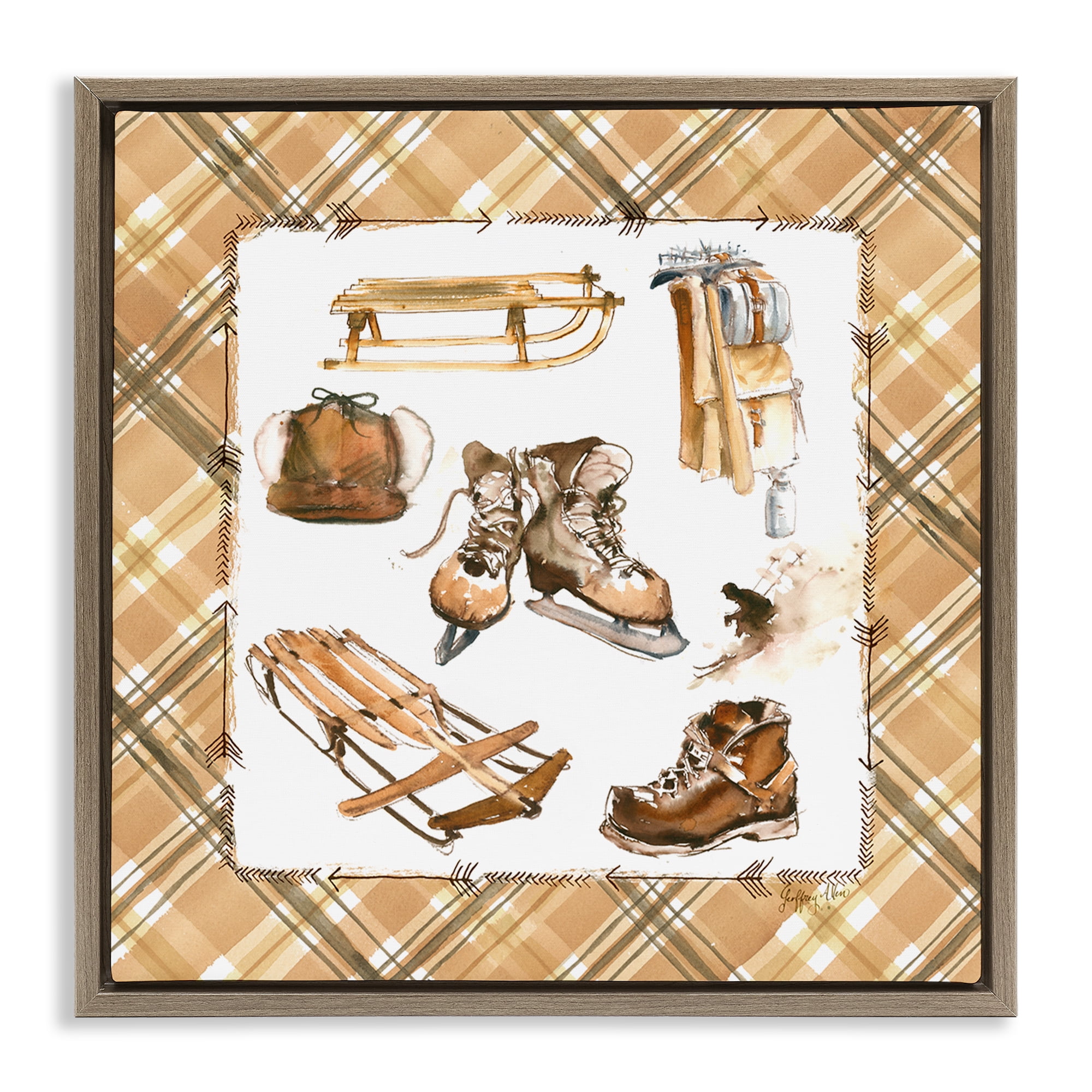 Stupell Industries Plaid Winter Sports Sports Painting Brown Floater Framed Canvas Art Print Wall Art, 25 x 25