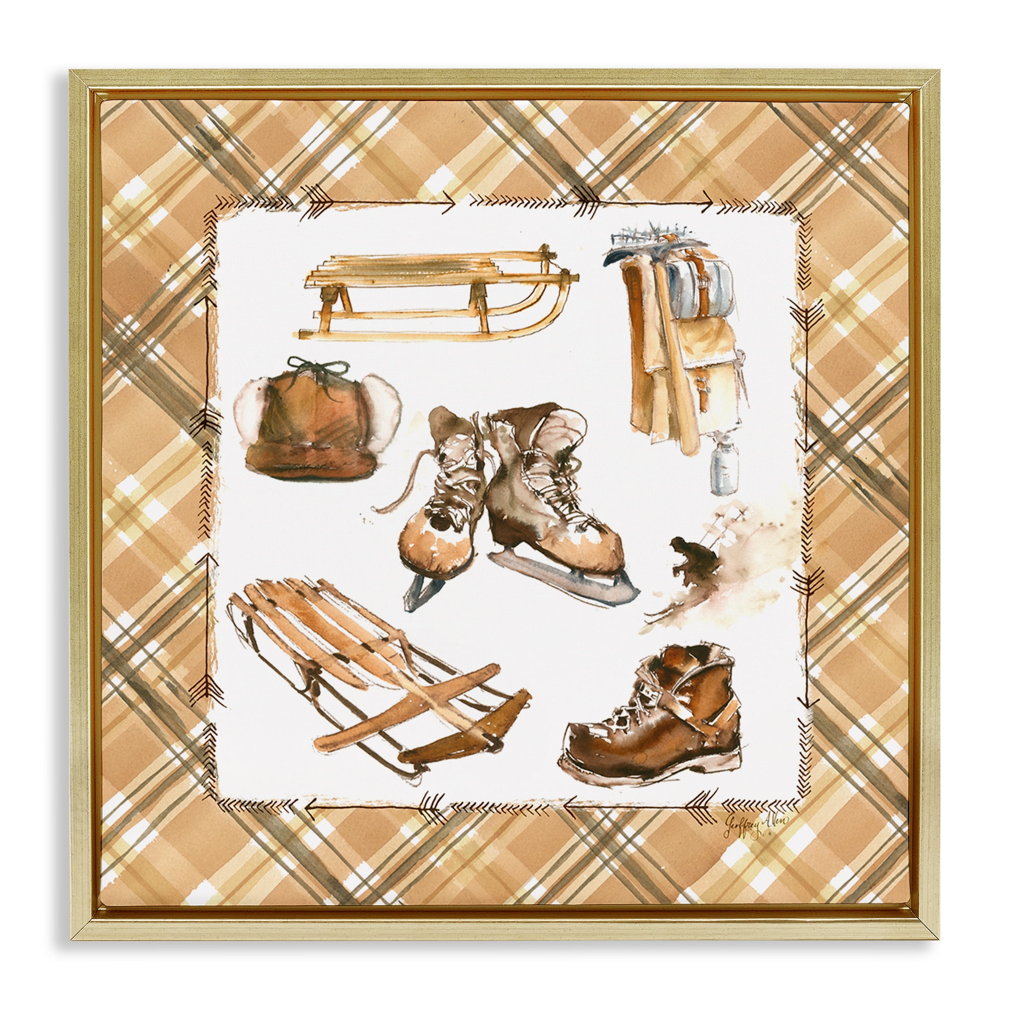 Stupell Industries Plaid Winter Sports Sports Painting Gold Floater Framed Canvas Art Print Wall Art, 25 x 25