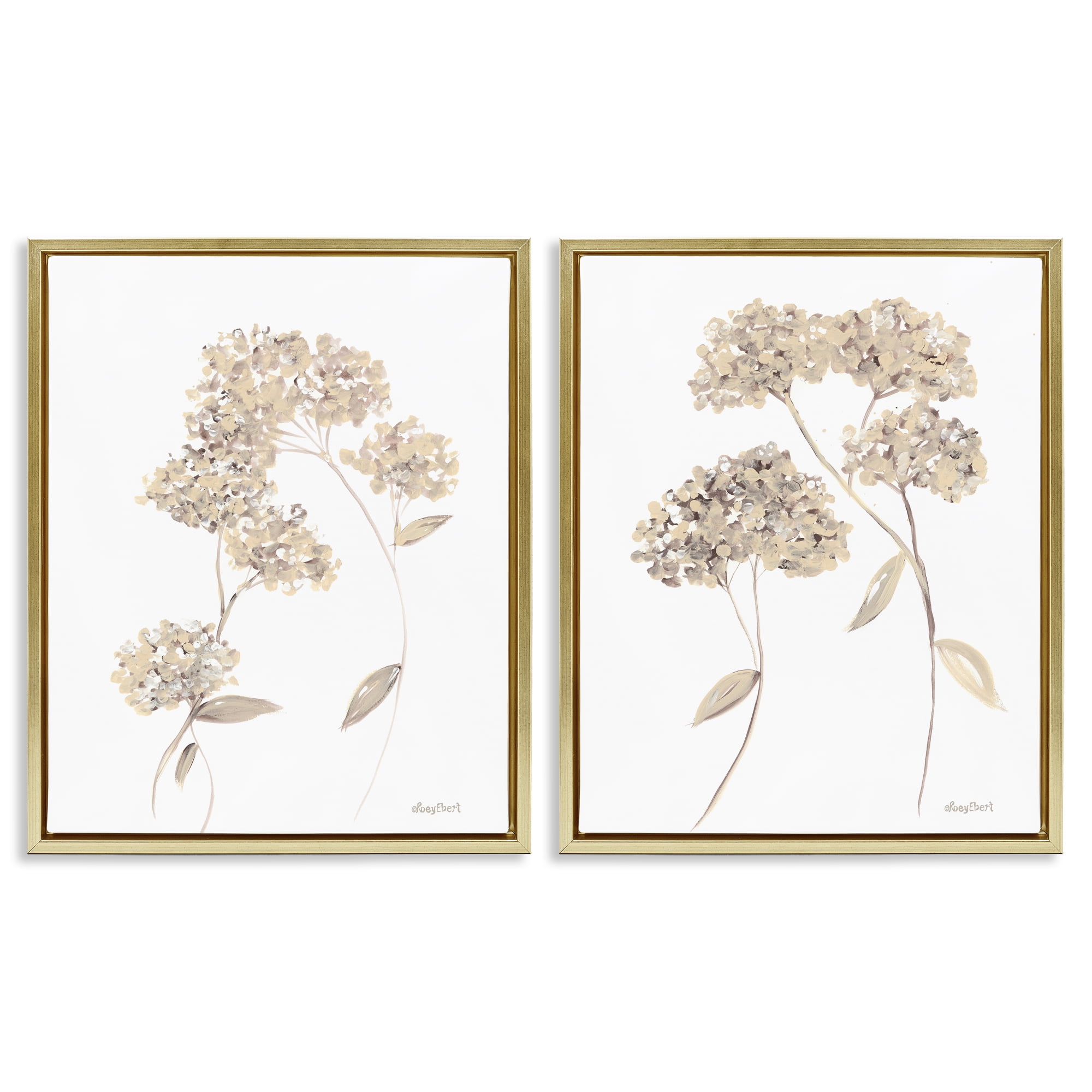 Stupell Industries Plain Beige Blossom Sprig Plants & Flowers Painting Gold Floater Framed Canvas Art Print Wall Art, 17 x 21, Set of 2