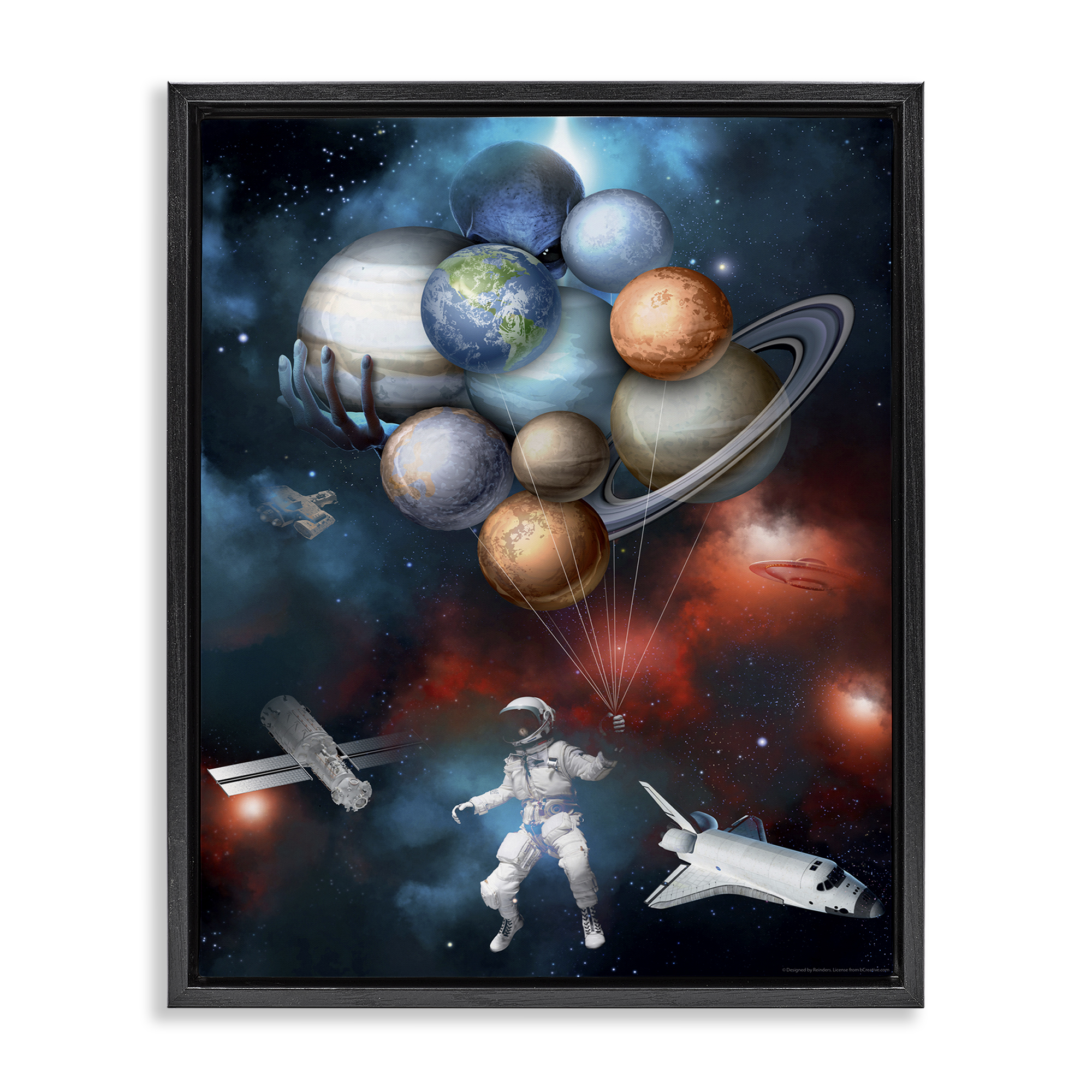 Stupell Industries Planet Balloons in Space Astrology & Stars Painting Black Floater Framed Canvas Art Print Wall Art, 17 x 21