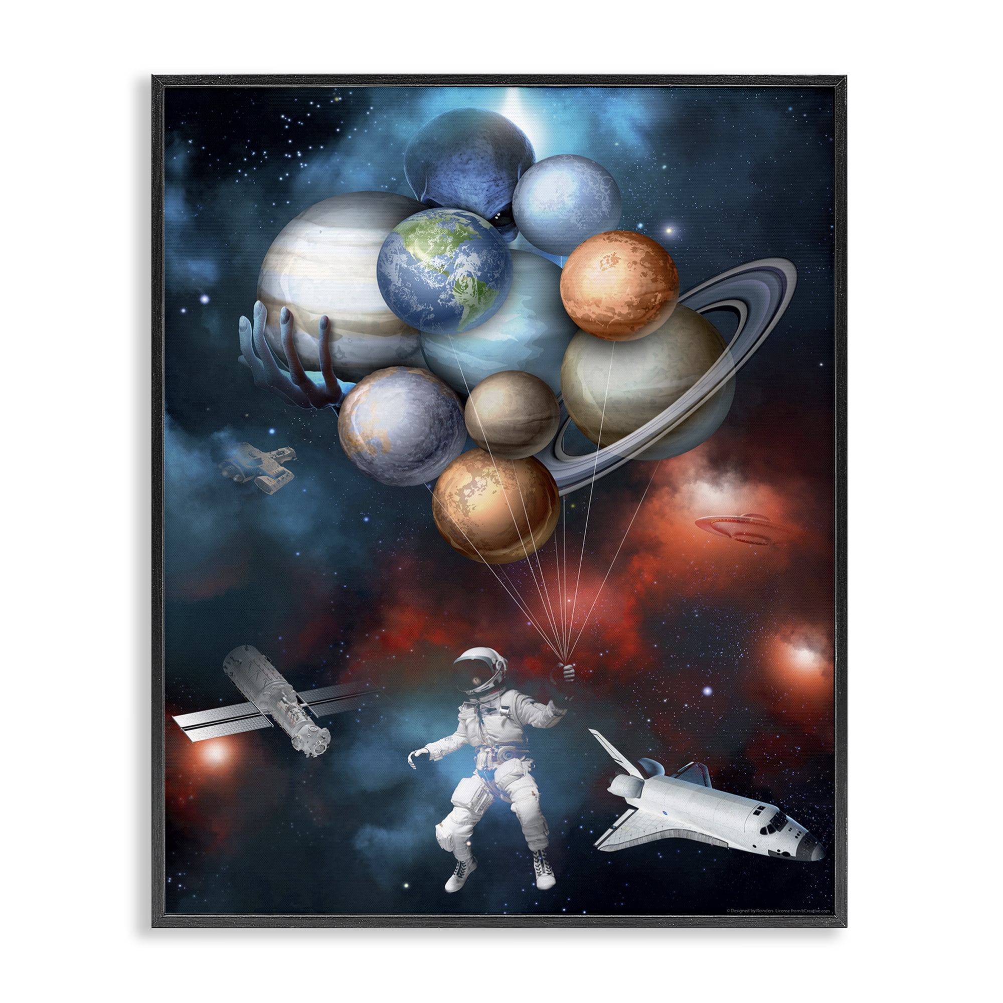 Stupell Industries Planet Balloons in Space Astrology & Stars Painting Black Framed Art Print Wall Art, 24 x 30
