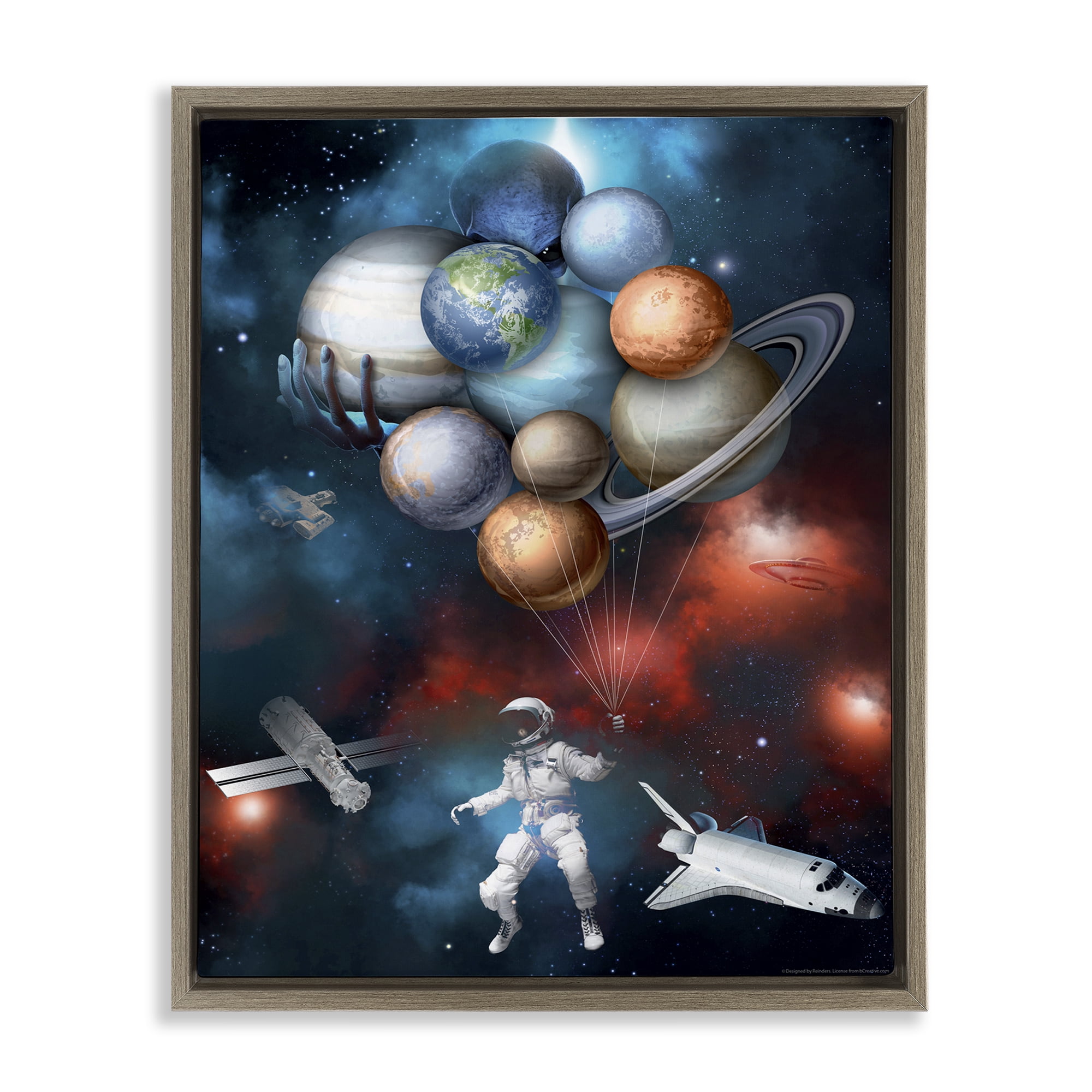 Stupell Industries Planet Balloons in Space Astrology & Stars Painting Brown Floater Framed Canvas Art Print Wall Art, 25 x 31