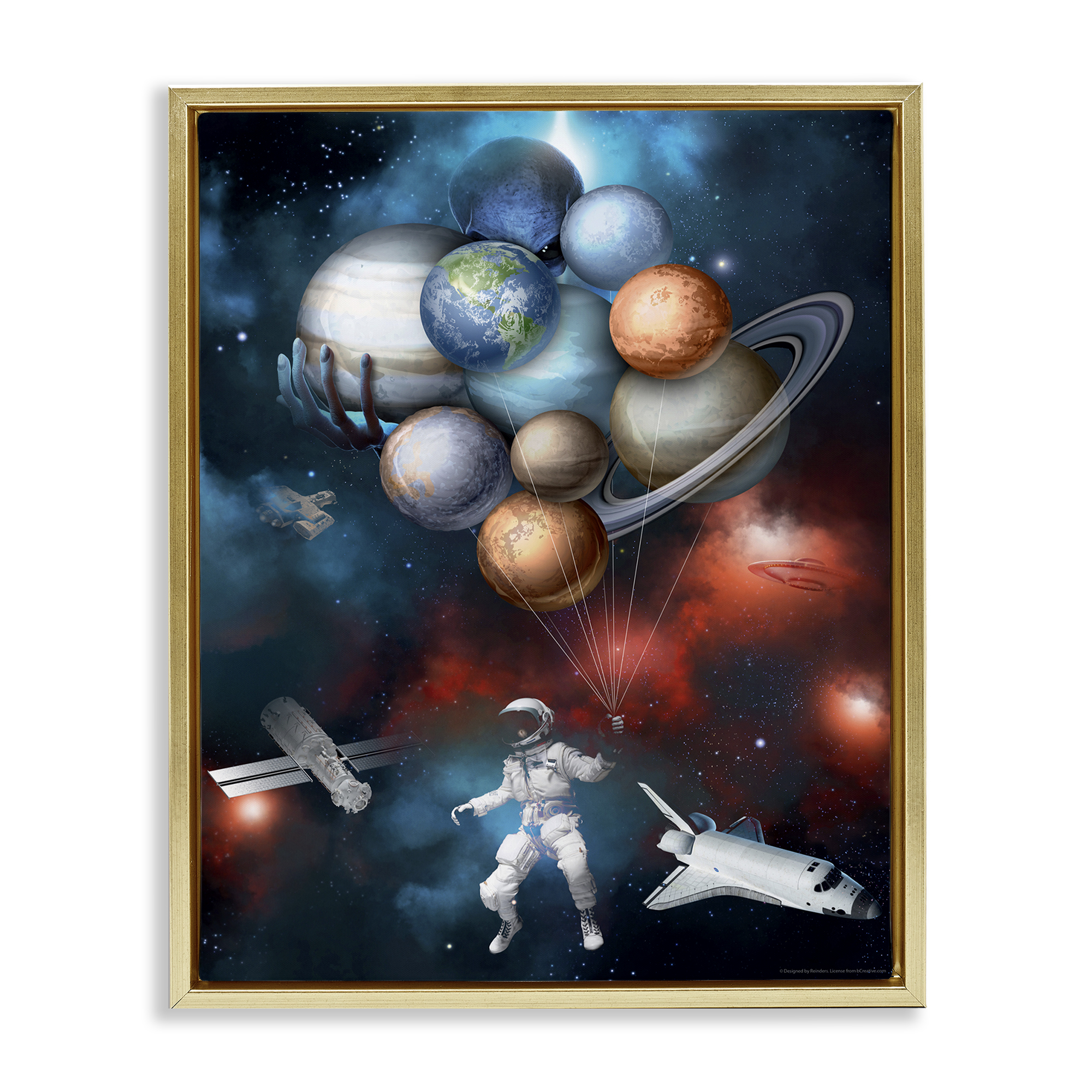 Stupell Industries Planet Balloons in Space Astrology & Stars Painting Gold Floater Framed Canvas Art Print Wall Art, 17 x 21