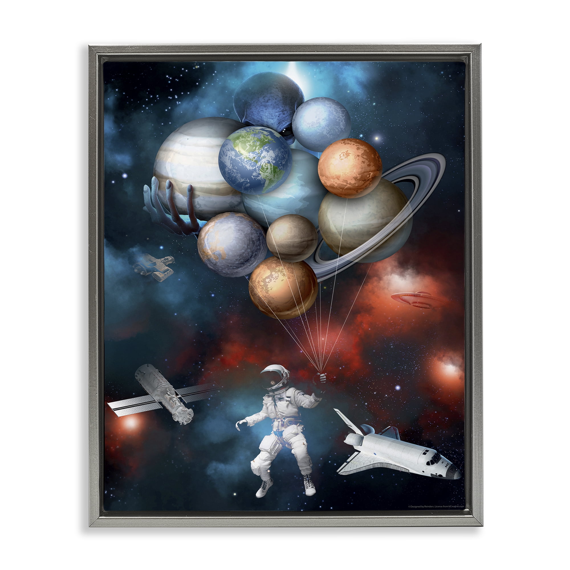Stupell Industries Planet Balloons in Space Astrology & Stars Painting Gray Floater Framed Canvas Art Print Wall Art, 17 x 21