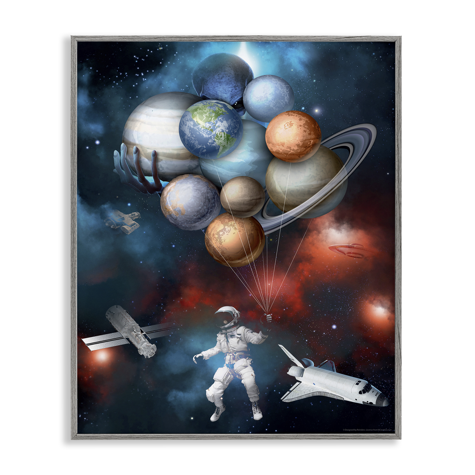 Stupell Industries Planet Balloons in Space Astrology & Stars Painting Gray Framed Art Print Wall Art, 24 x 30