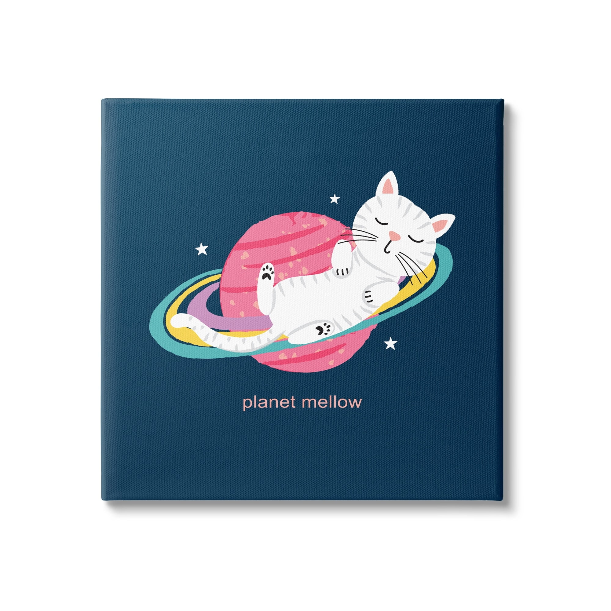 Stupell Industries Planet Mellow Tired White Cat Sleeping Saturn Rings Canvas Wall Art, 17 x 17, Design by Lisa Perry Whitebutton