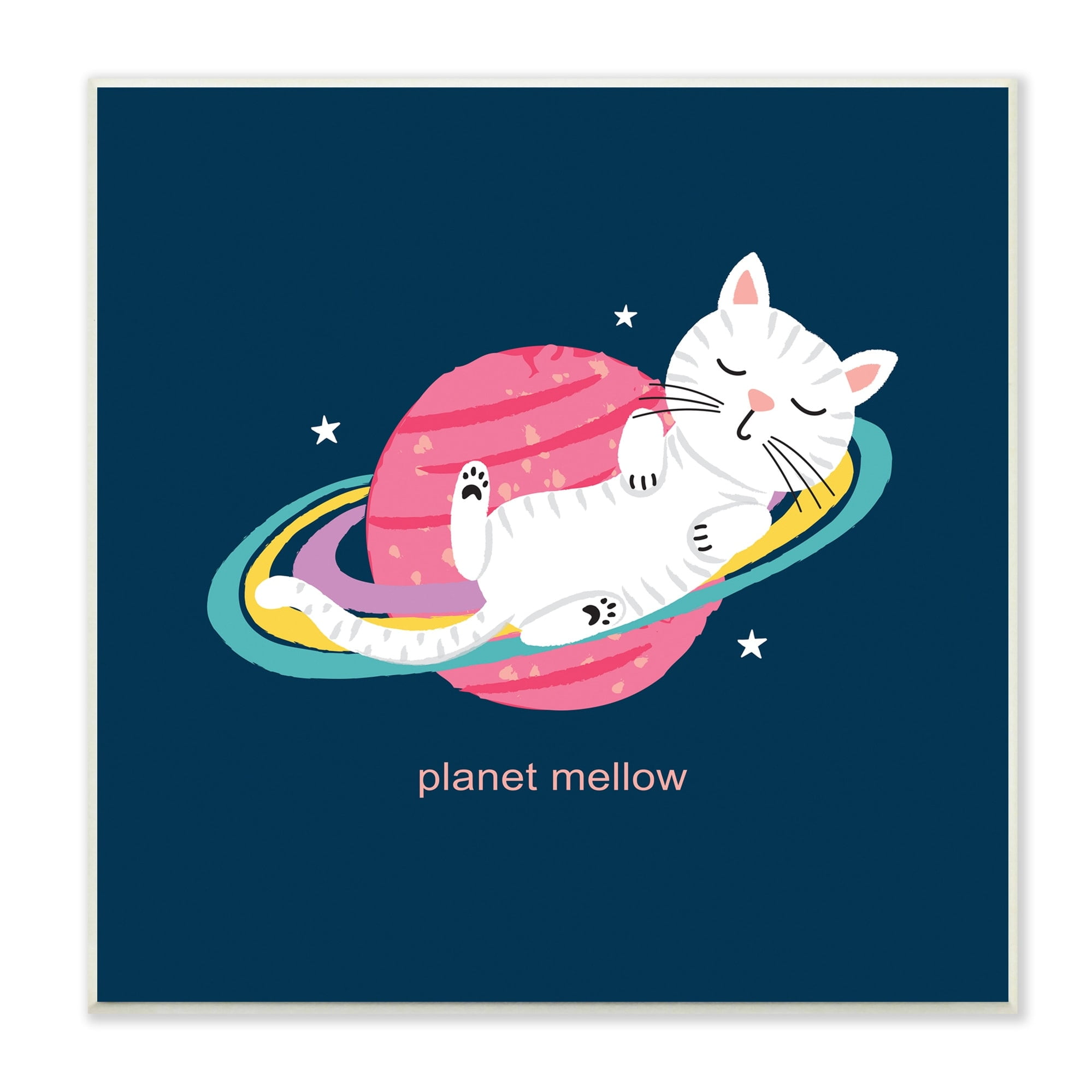 Stupell Industries Planet Mellow Tired White Cat Sleeping Saturn Rings Wood Wall Art, 12 x 12, Design by Lisa Perry Whitebutton
