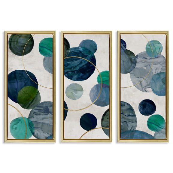 Stupell Industries Planetary Circles Abstract 3 Piece Gold Framed Floater Canvas Set design by Jacob Q, 25 x 11