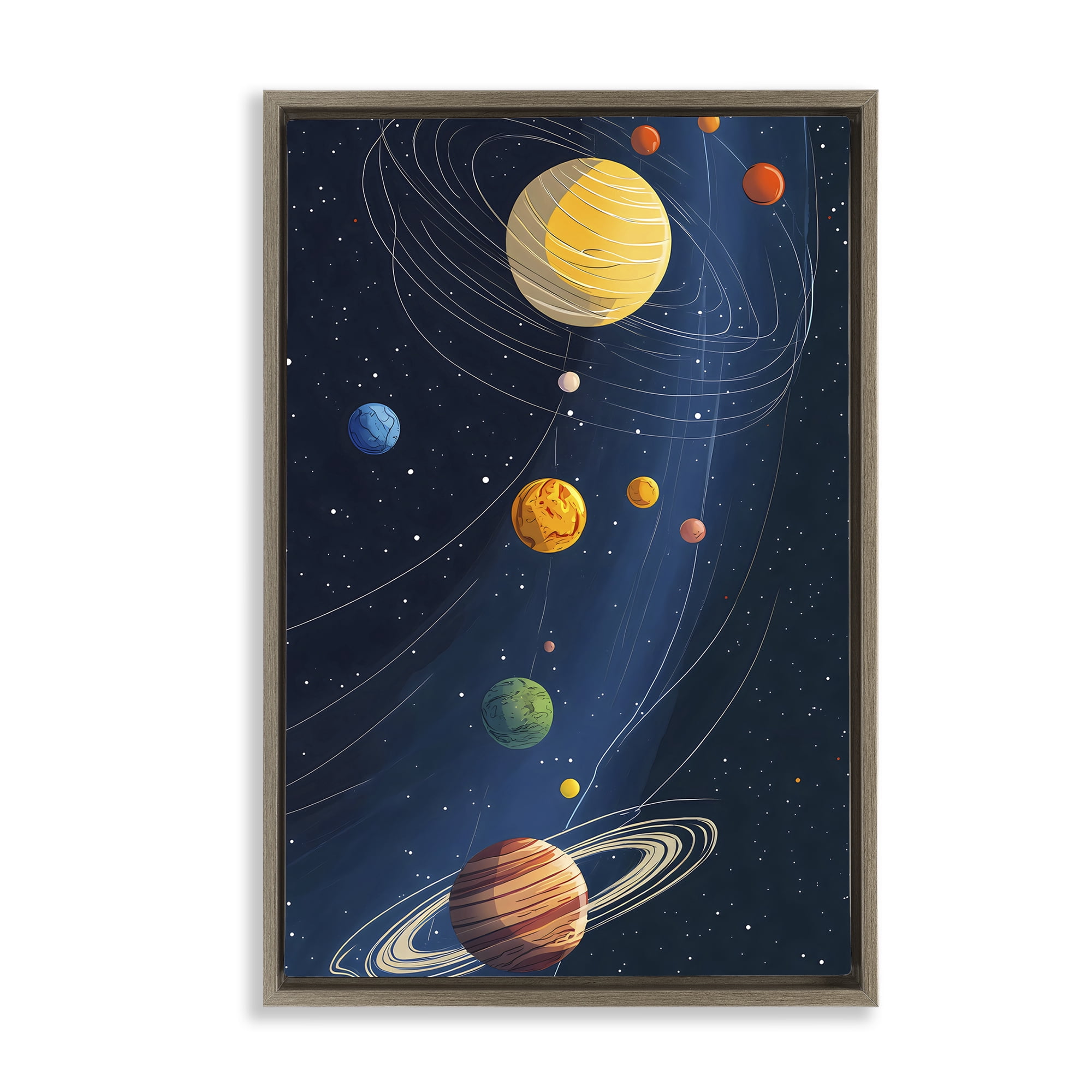 Stupell Industries Planets Aligned in Celestial Orbit Brown Framed Floater Canvas Wall Art, design by Creative Studio