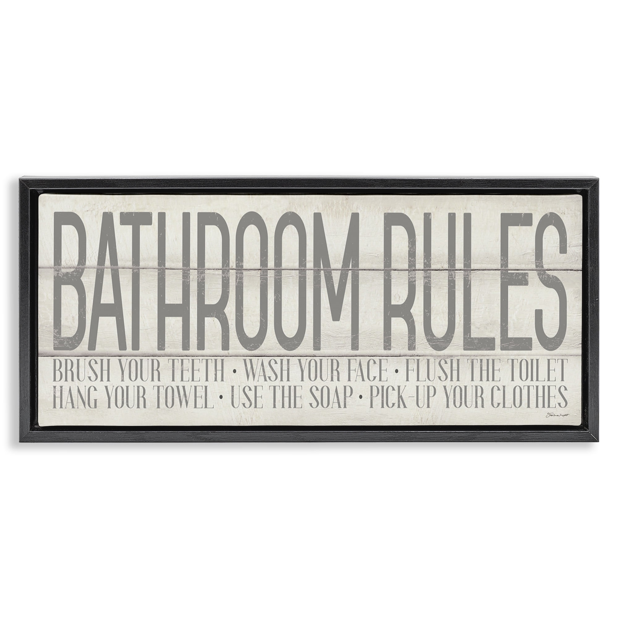 Stupell Industries Planked Style Bathroom Rules Abstract Painting Black Floater Framed Canvas Art Print Wall Art, 25 x 11
