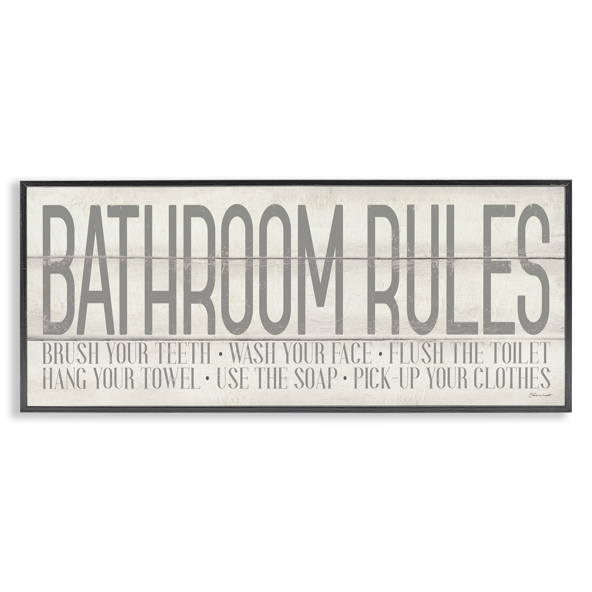 Stupell Industries Planked Style Bathroom Rules Abstract Painting Black Framed Art Print Wall Art, 30 x 13